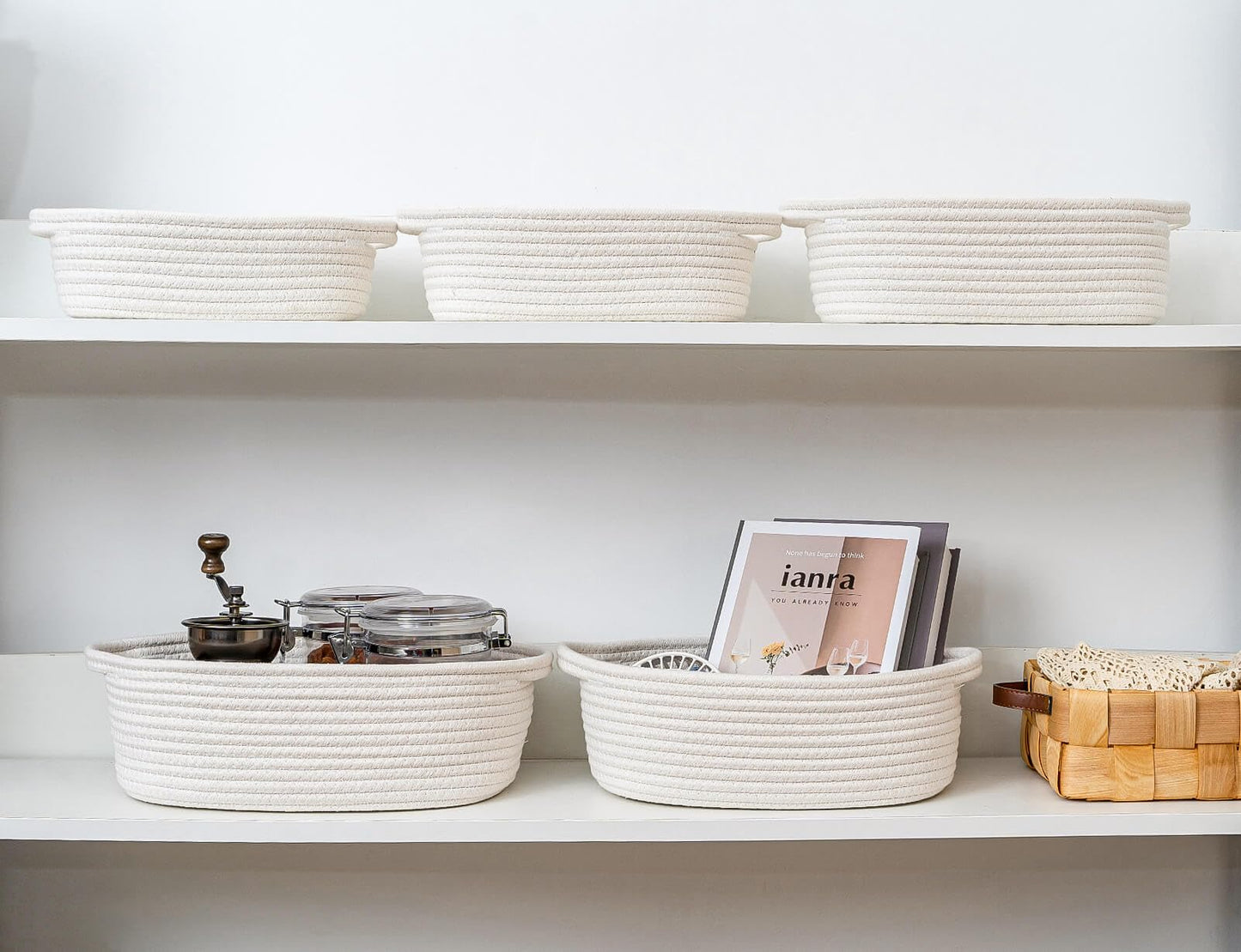 CubesLand Small Woven Rope Toys Basket for Organizing Set 5, Shelves Closet Storage Bins, Empty Gift Baby Shower Basket Also Perfect for Toilet Paper Storage, Organizer Bins Off White