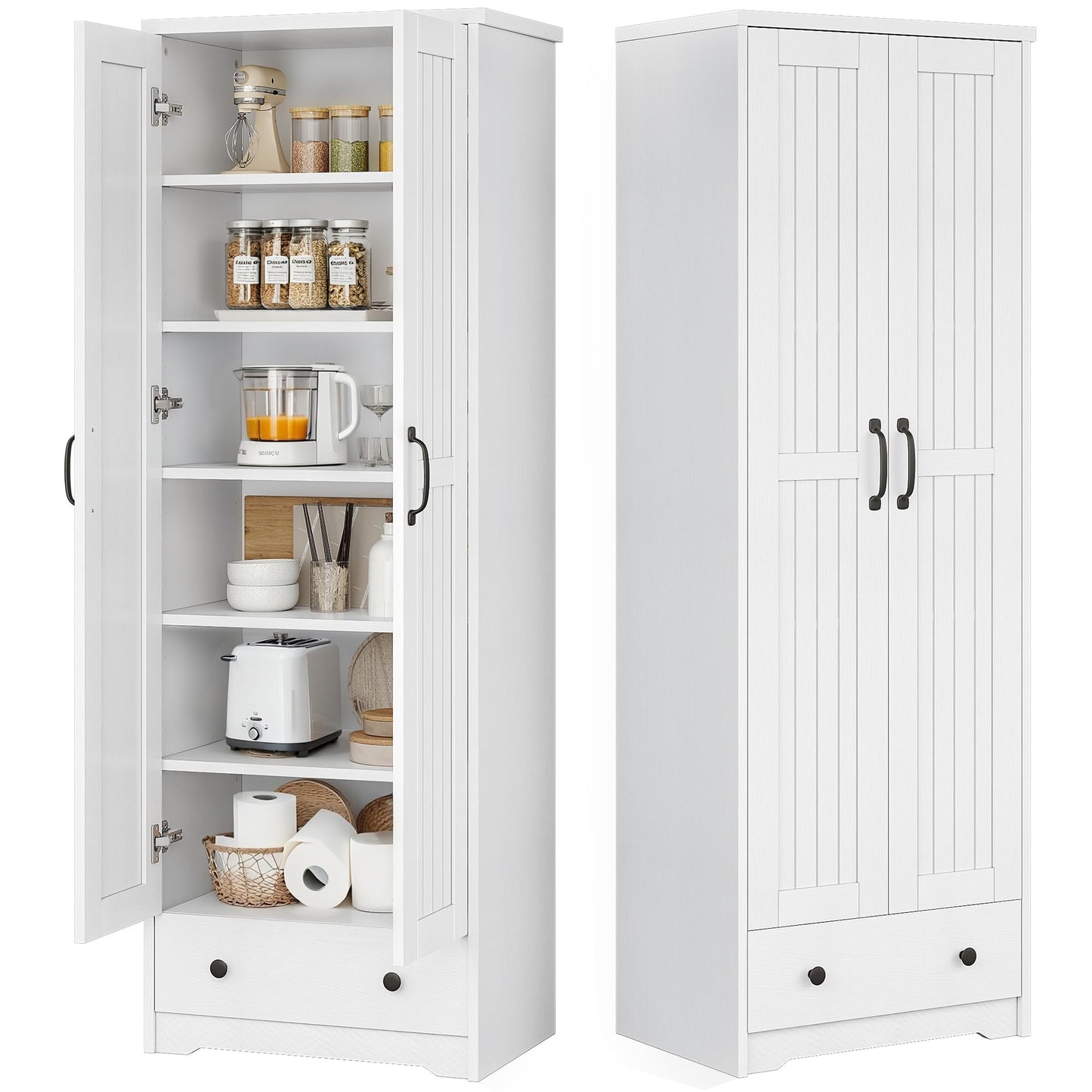 Decofy 70" Tall Storage Cabinets, Large Wood Storage Pantry Cabinet with 6 Adjustable Shelves, Drawer & 2 Striped Doors, Standing Utility Cabinet for Kitchen, Dining Room, Bathroom (White)