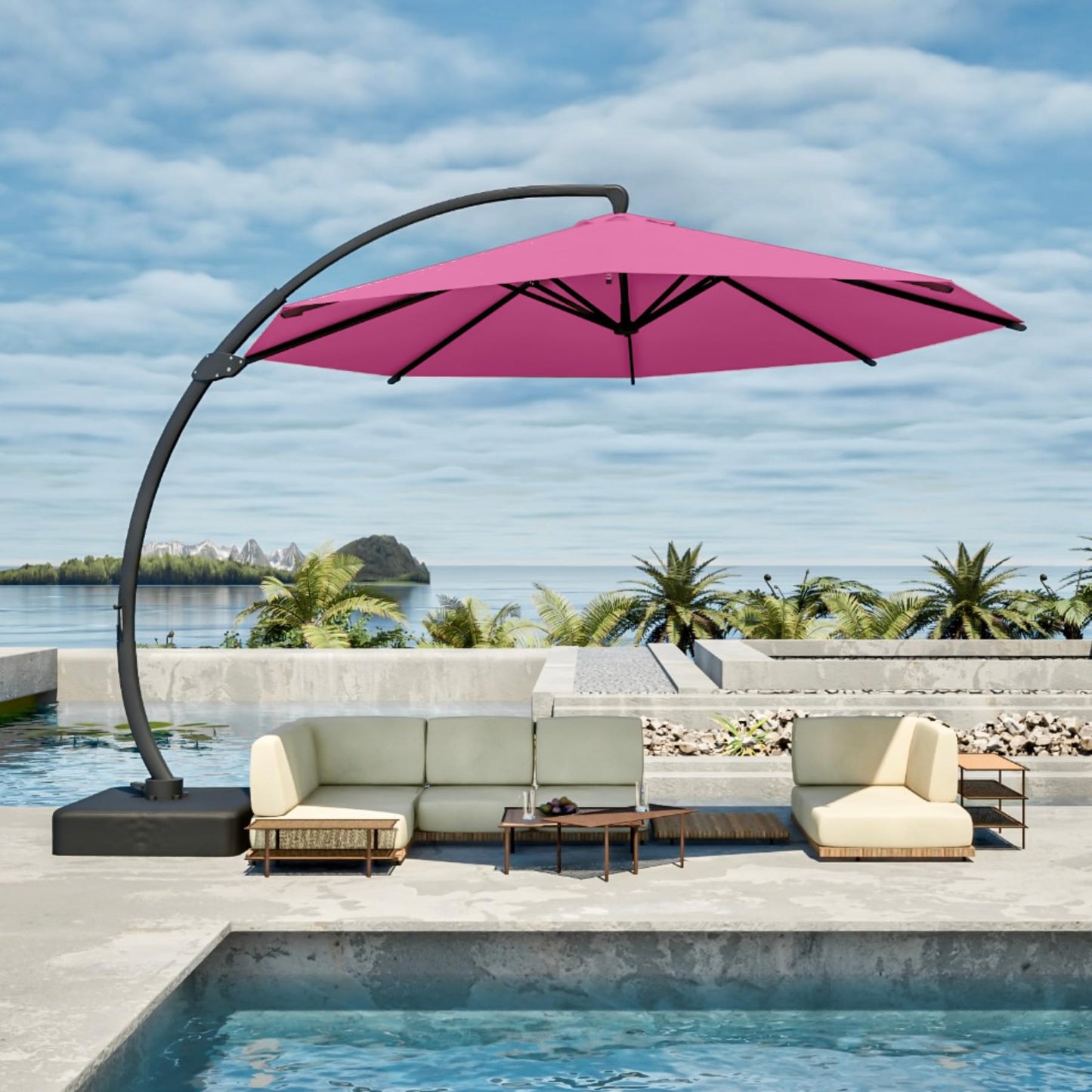 Patio Kingdom 11FT Cantilever Umbrella with Base Large Curvy Outdoor Aluminum Offset Umbrella w/ 360° Rotation, UV Resistant Canopy for Patio, Garden, Backyard, Rose Pink