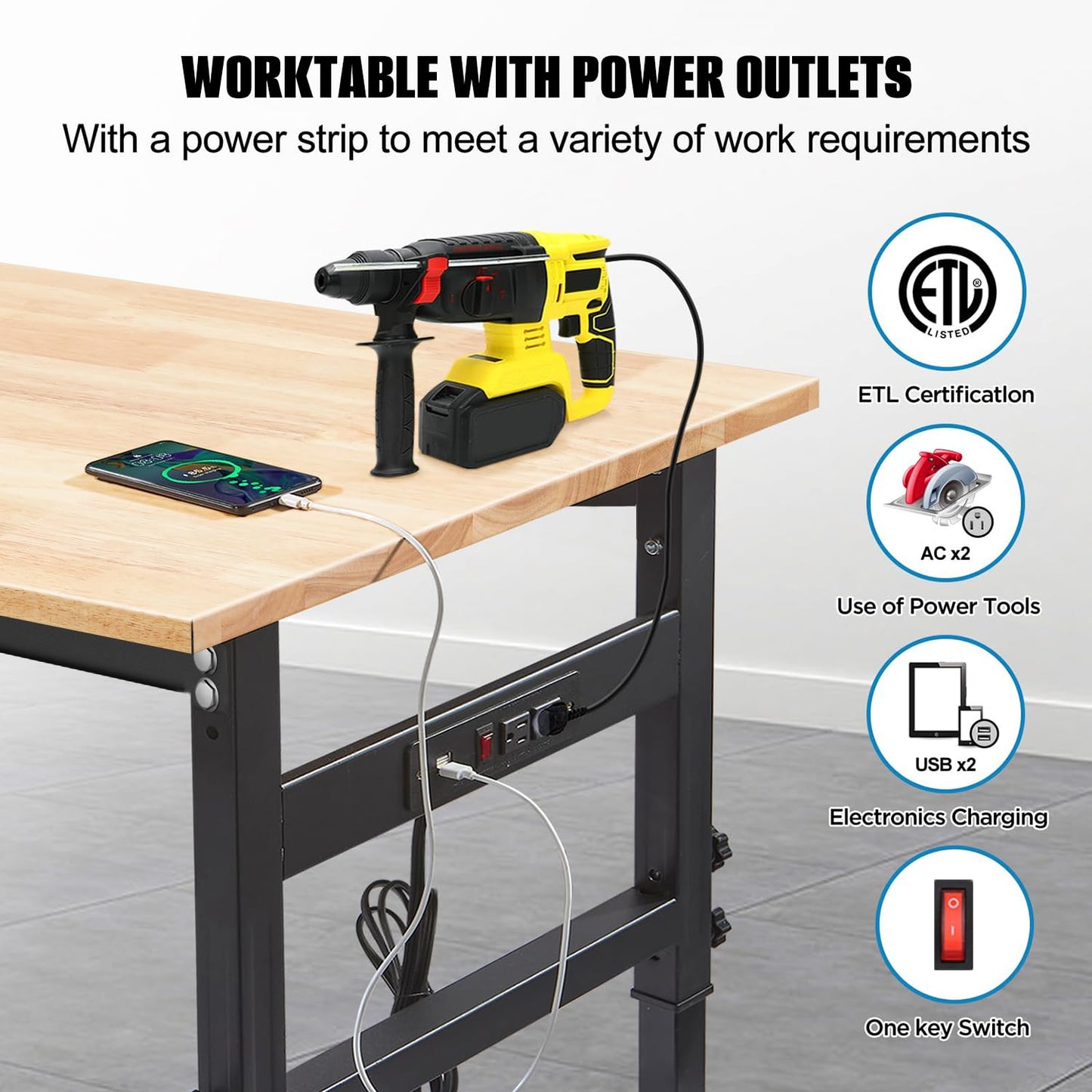 48" Workbench Desk with Power Outlets, Adjustable Height Rubber Wood Top Heavy-Duty Work Table, 2000 LBS Load Capacity Work Station for Garage, Workshop, Office, Home