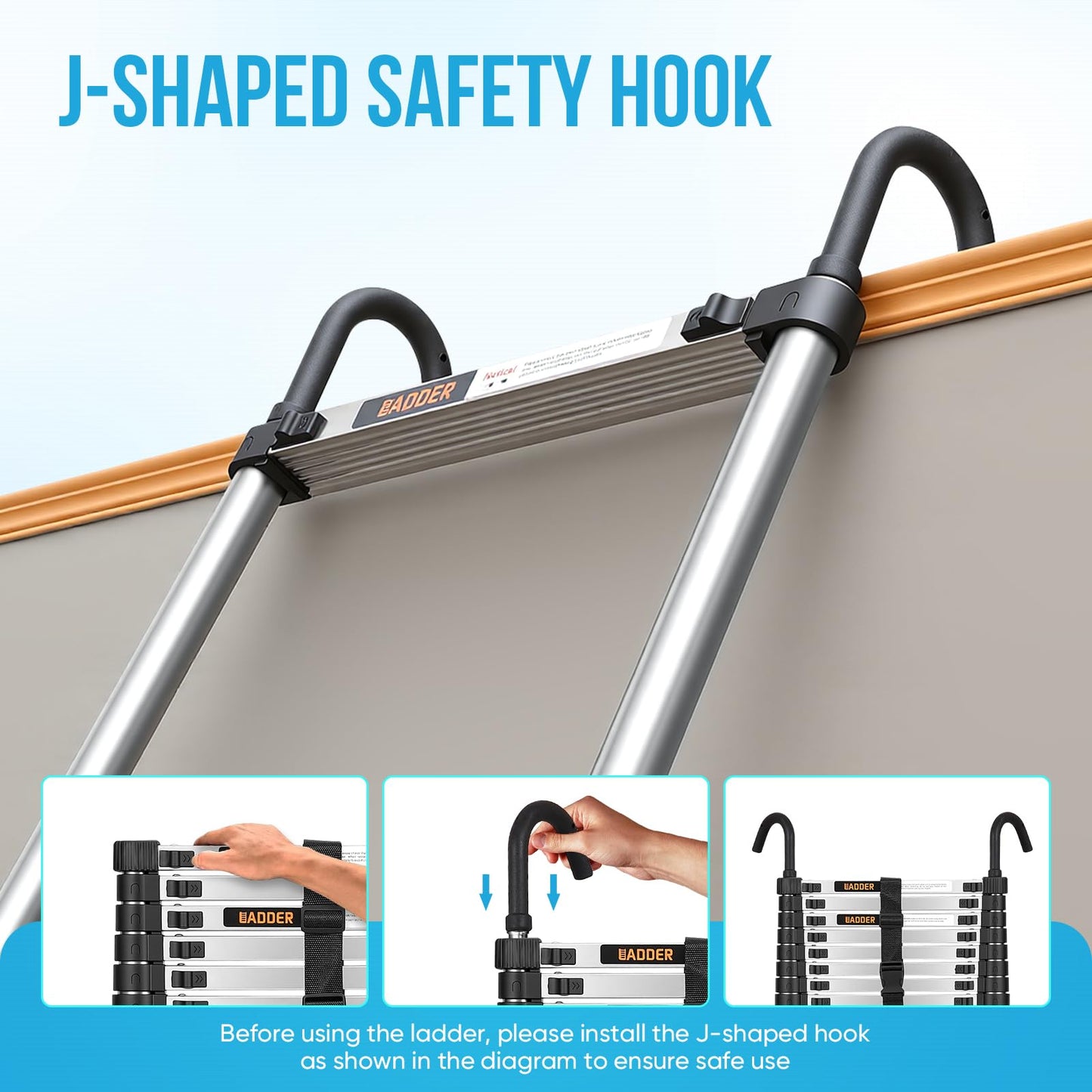 Telescoping Ladder, 16.5 FT Extension Ladder w/Hooks, Heavy Duty 330lbs Max Capacity, Telescopic Ladder with Hooks for RV or Outdoor Work