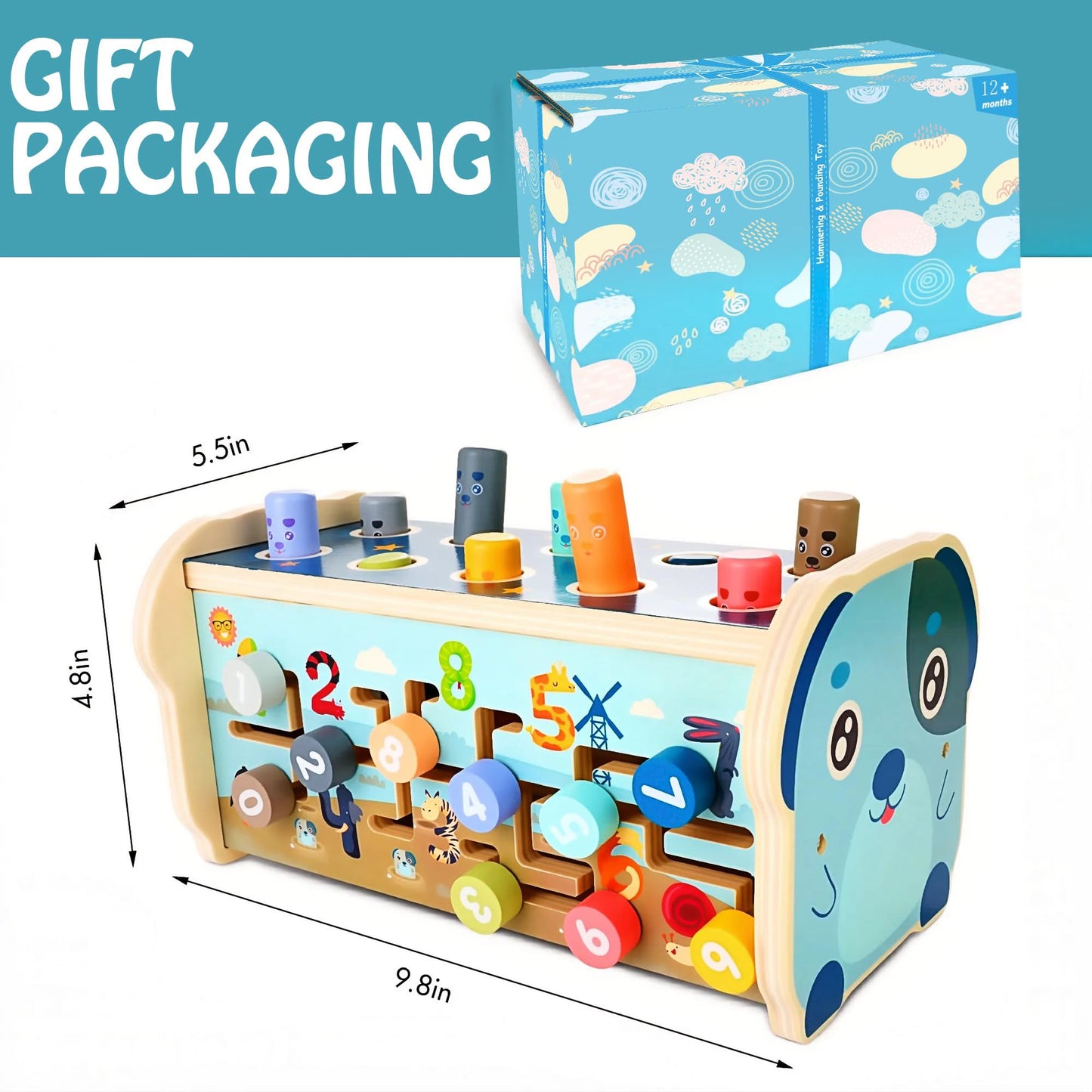 KIDWILL Wooden Hammering Pounding Toy for 12+ Months Kids, Montessori Toys for 1+ Year Old Babies, Early Development Toy with Pounding Bench, Xylophone, Number Sorting Maze, Gifts for Toddlers Age 1-2