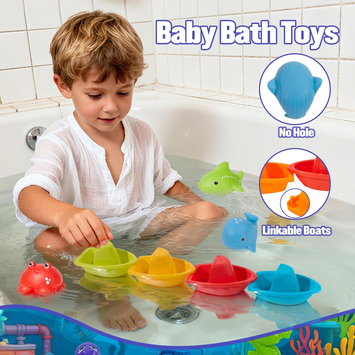 Toddler Bath Toys for Kids Ages 1-3, 22 PCS Mold Free Bath Toys Toddlers 2-4 with Fishing Toy Games, Fishing Pole Rod Net Tub Toys with Mesh Bag, Water Pool Toys for Kids Ages 1 2 3 4 5 6 8 Years Old