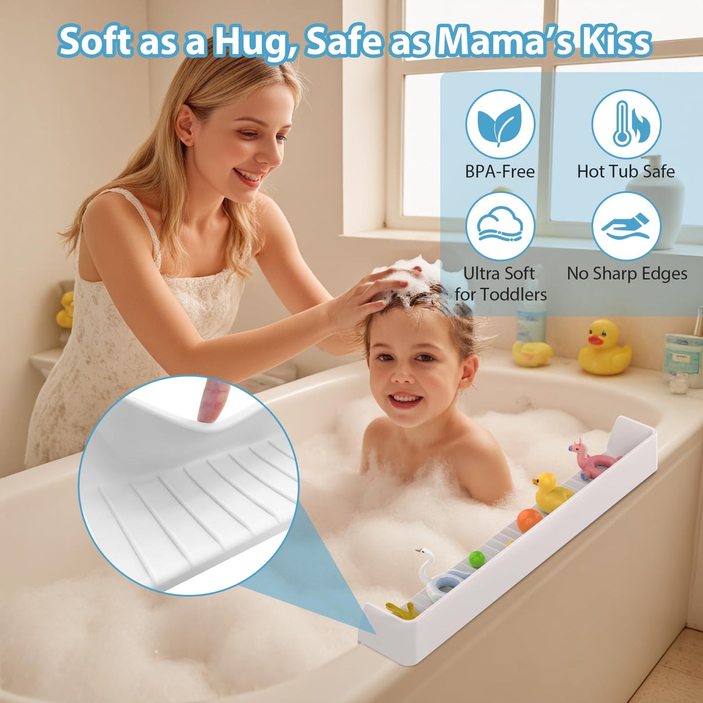 AyNirser Bathtub Splash Guard Play Shelf Over Tub 31” with Strong Suction Cups, Silicone Tub Water Guards Toy Tray Holder No Mess Water Spill in Bathroom-White