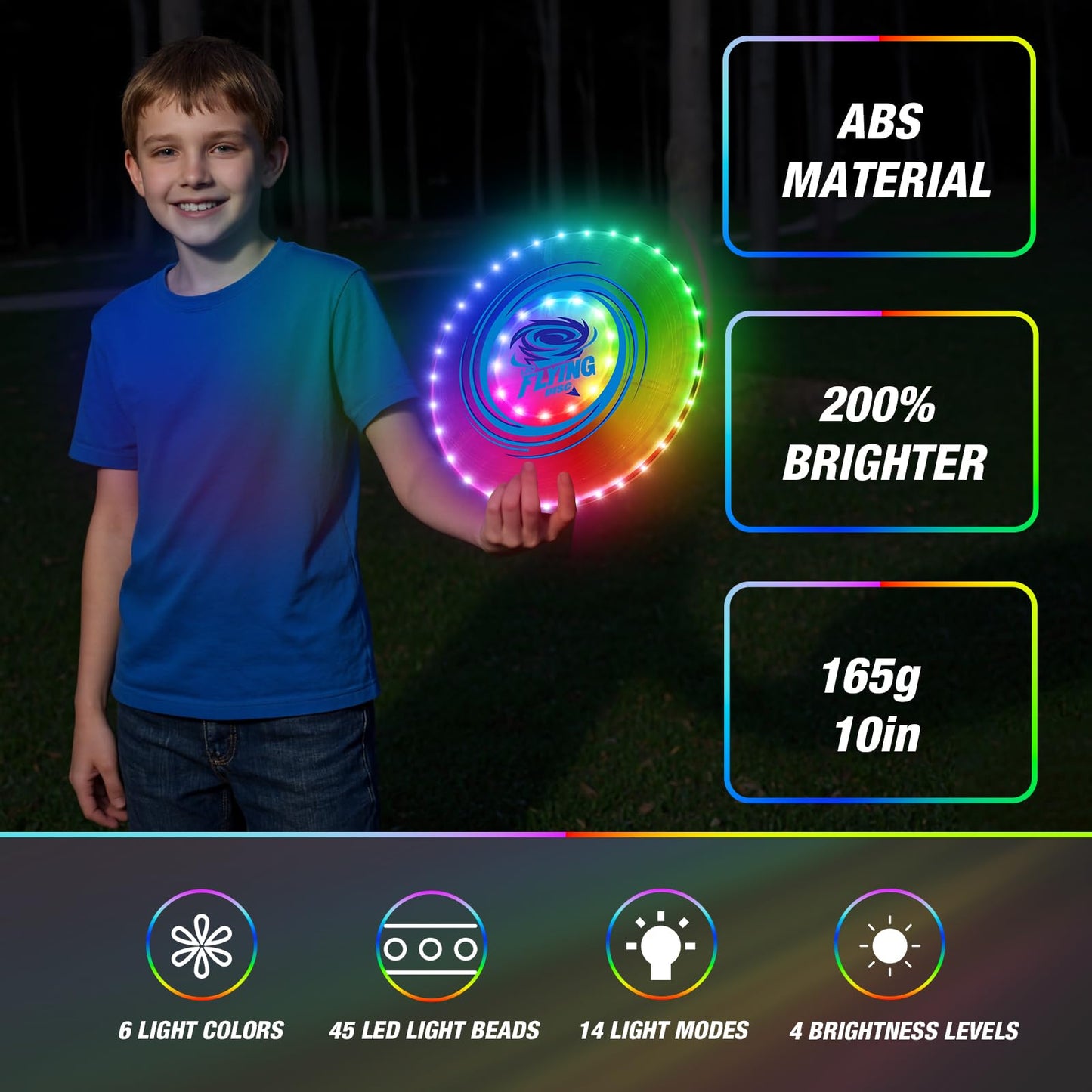 HYES 2 Pack Light up Flying Discs for Kids, 45 LEDs, 14 Lighting Modes, Rechargeable Glow in The Dark Flying Ring for Beach, Camping, Outdoor Game, Sport Toys for Teens Boys Adult