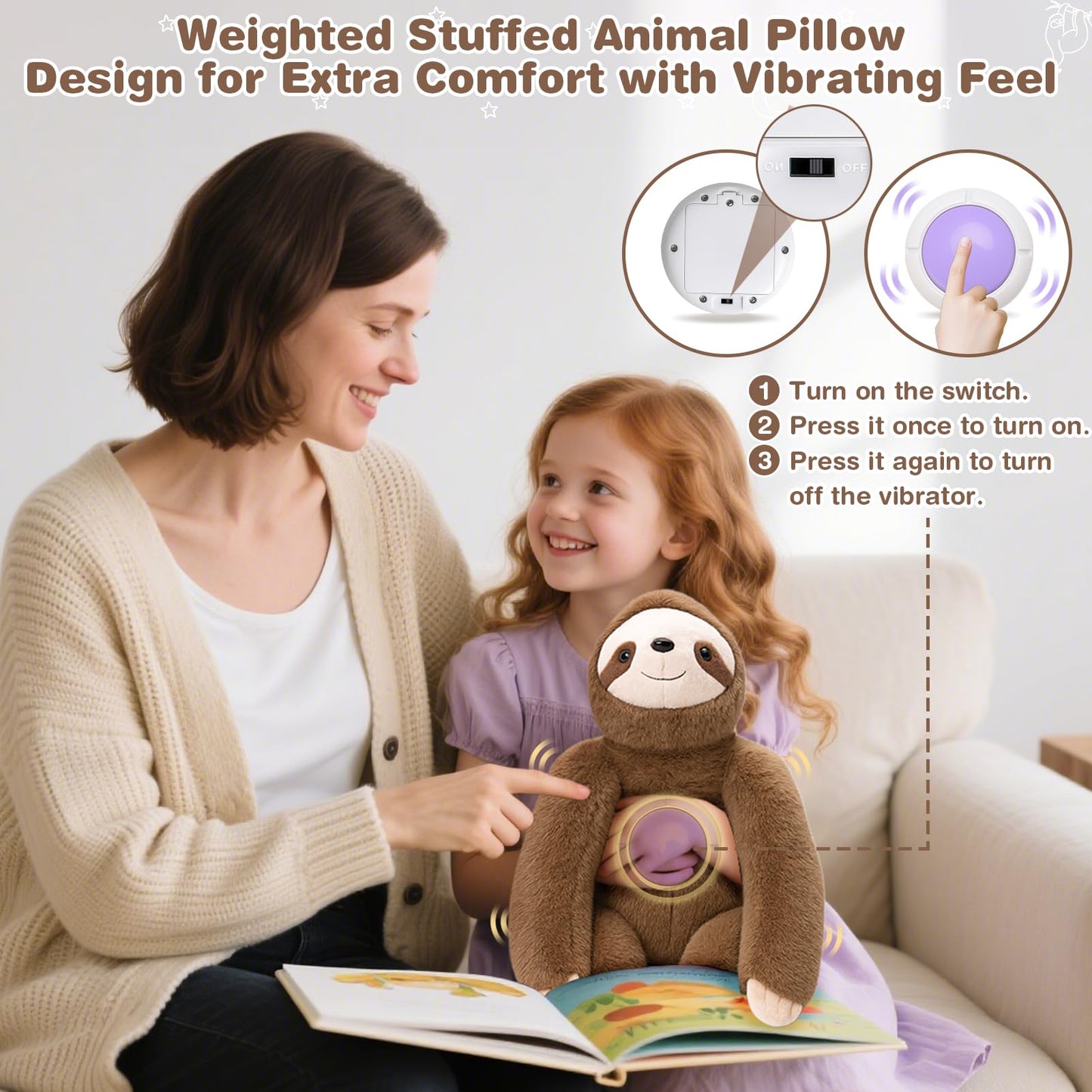 Joyreal Sloth Sensory Weighted Vibrating Pillow, Pressure Activated for Kids Adults, Plush Minky Soft Size: 11 by 21 inches Pillow Animal for Focus & Balance for Gift Birthday Autistic (Beige)