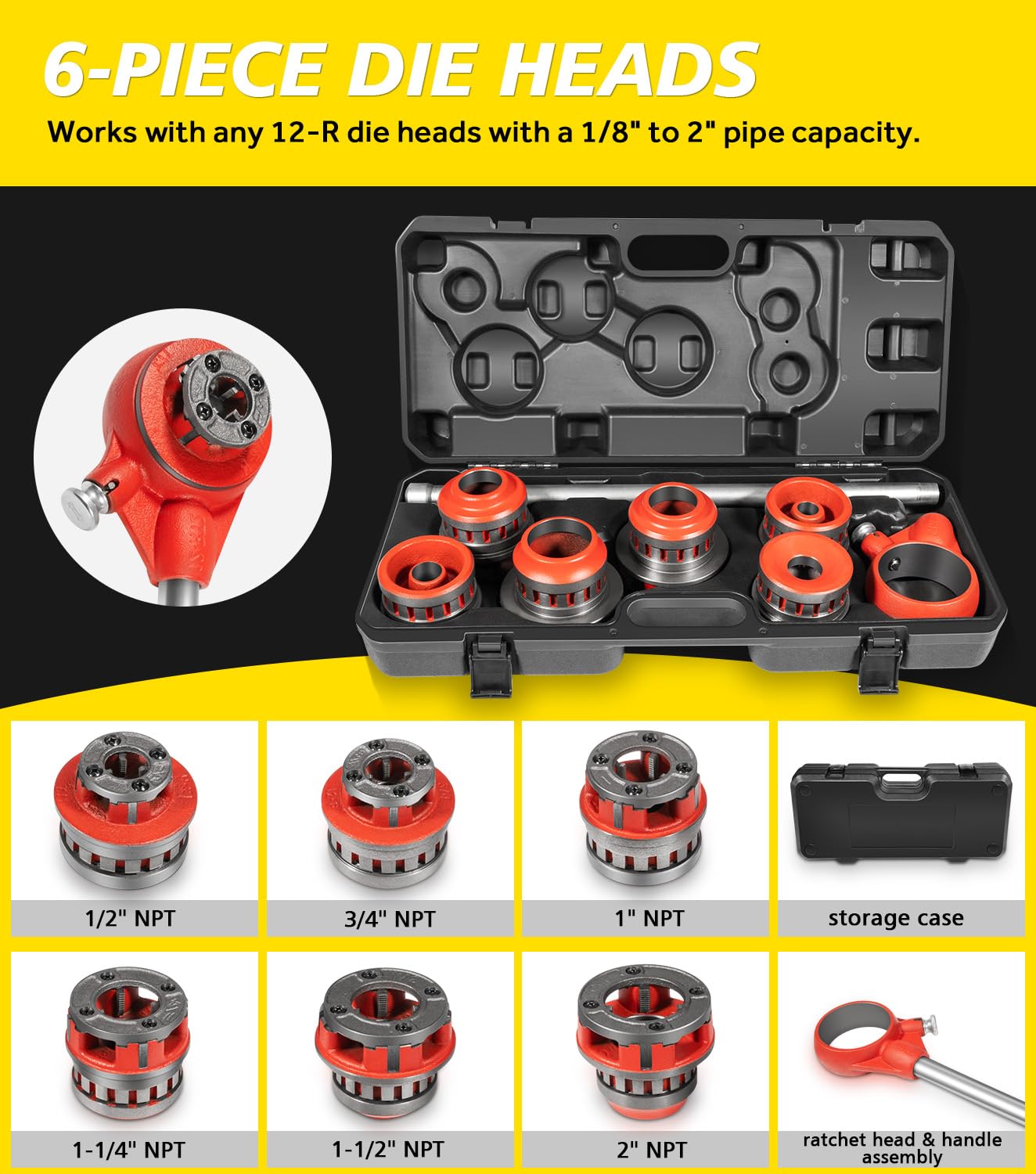 36475 12-R Manual Exposed Ratchet Pipe Threader Kit with 6 Dies, 1/2'' - 2'' NPT Ratcheting Pipe Threading Tool for 1/8" to 2" Plumbing Installation and Repair with Storage Case