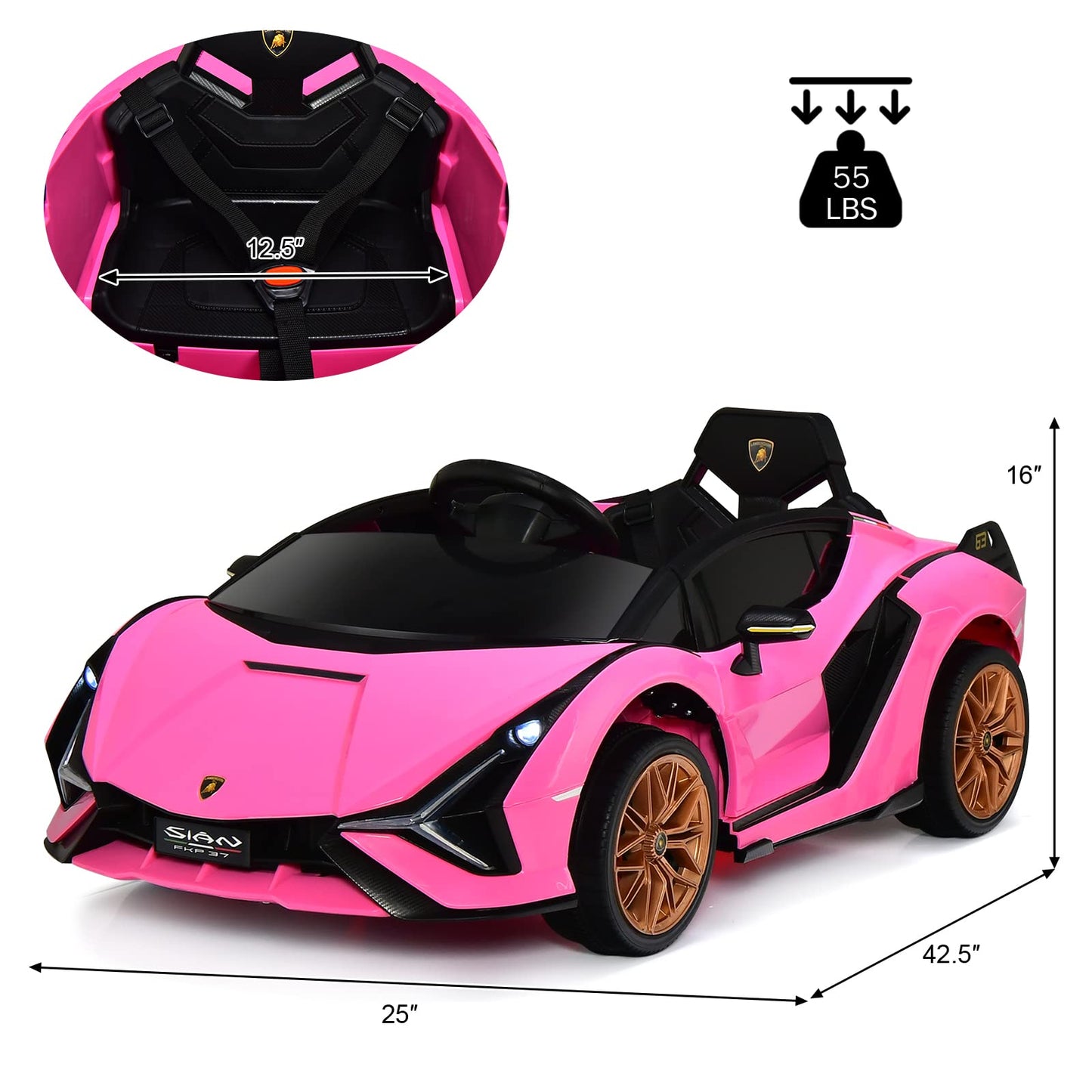 INFANS 12V Licensed Lamborghini Sian Kids Ride On Car with Parent Remote Control, Spring Suspension, MP3 Player, Electric Toy Roadster Carbon Fiber Textured for Toddler (Pink)