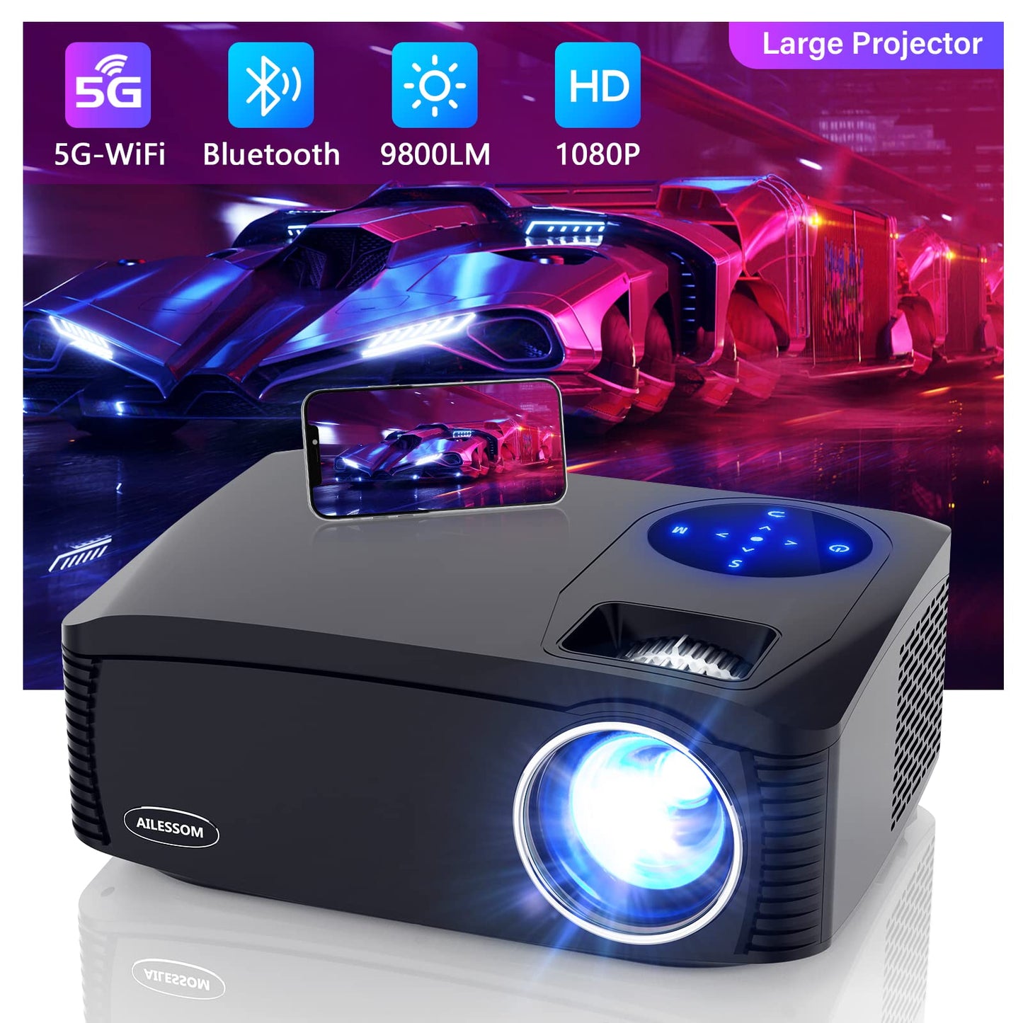 Native 1080P 5G WiFi Bluetooth Projector, AILESSOM 20000LM 450" Display Support 4K Movie Projector, High Brightness for Home Theater and Business, Compatible with iOS/Android/TV Stick/PS4/HDMI/PPT/USB