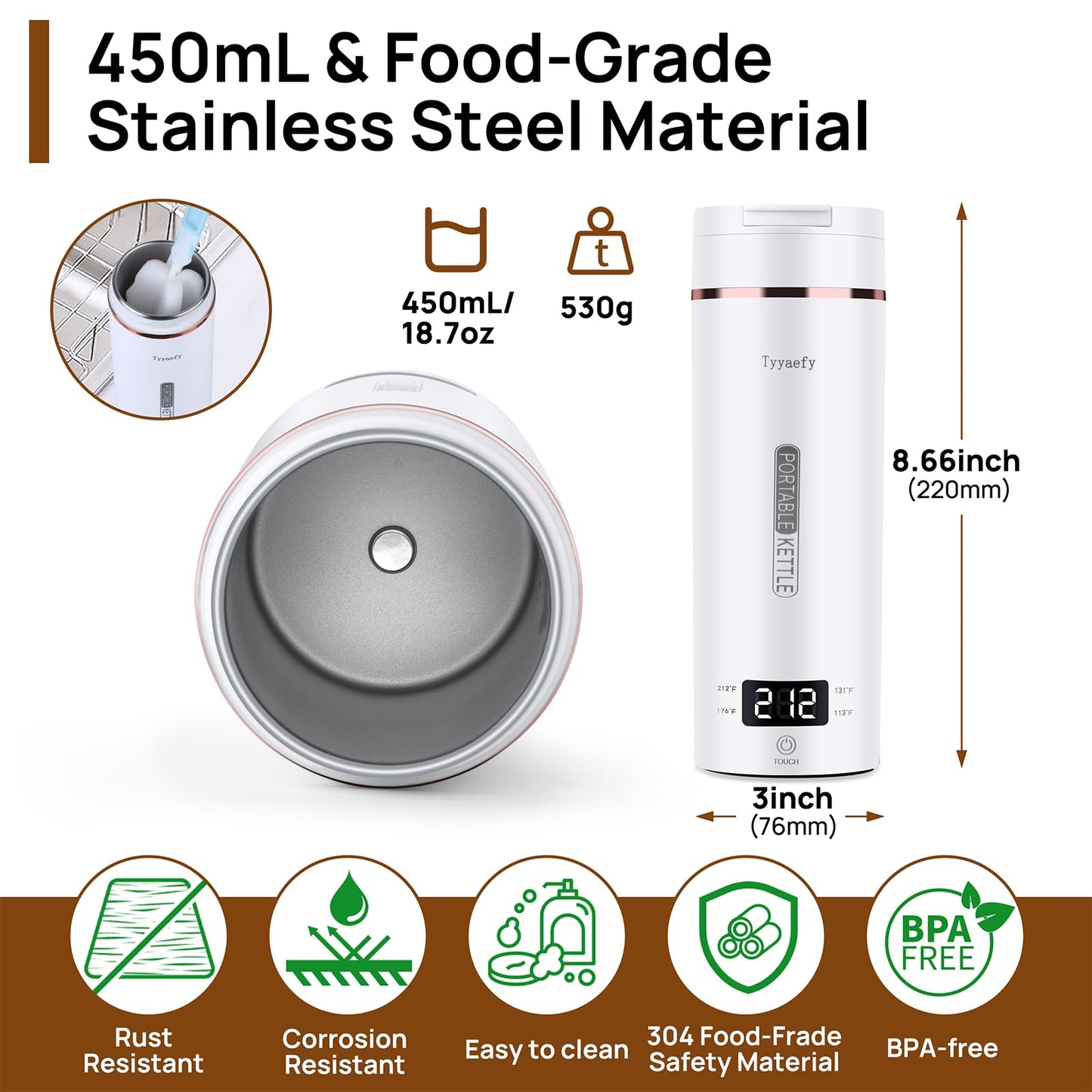 Portable Electric Kettle with Drinking Spout, Plug-in with Travel Bag, 450mL 304 Stainless Steel, 4 Preset Temp, Rapid Boiling – Home/Office/Hotel/Caravan/Dorm/Business Trip
