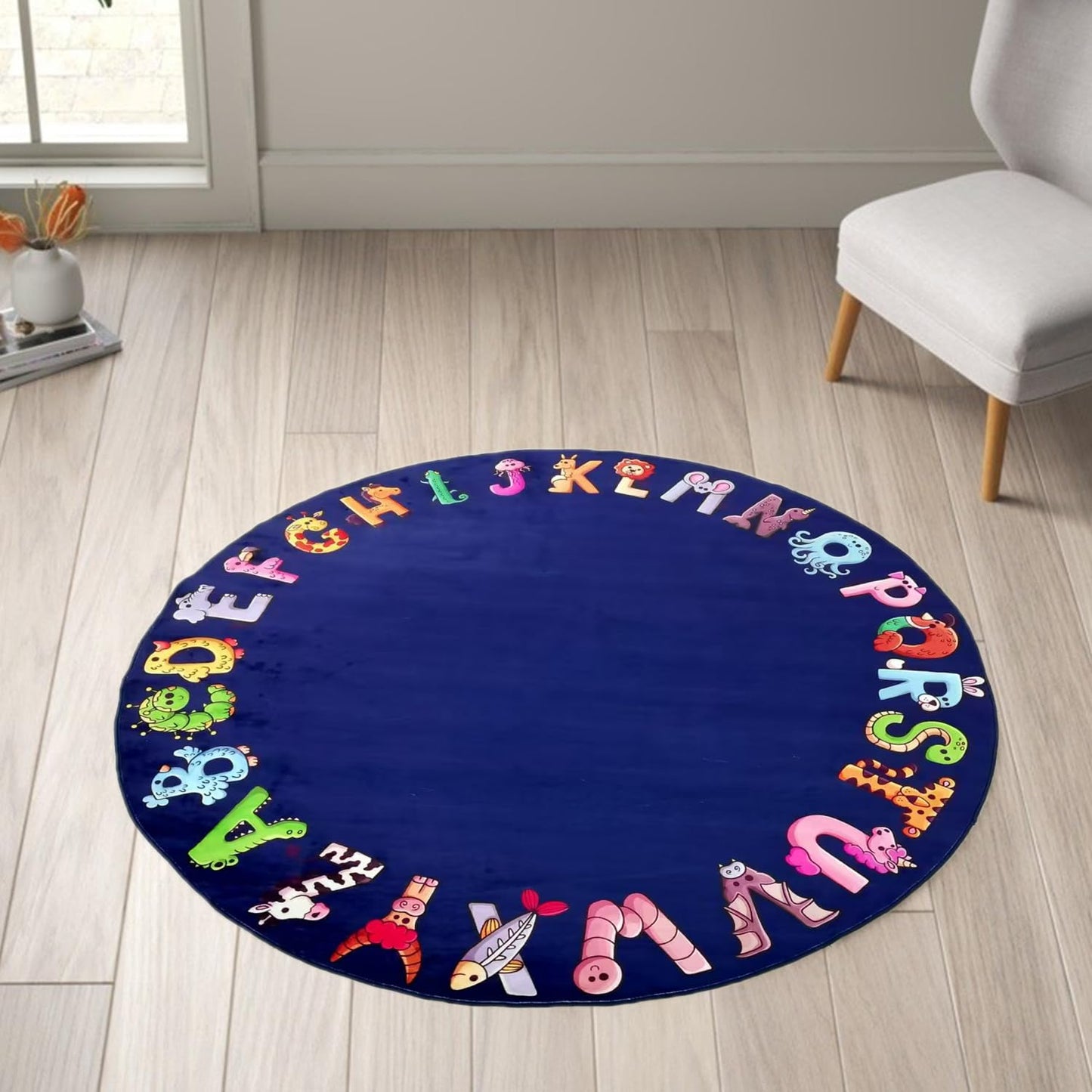 Round Kids Play Rug, ABC Rugs for Kids, Toddlers and Baby, Nursery Area Rug Soft Crawling Play Mat, Non Slip Circle Alphabet Educational Carpet for Children Playroom Classroom Bedroom Decor