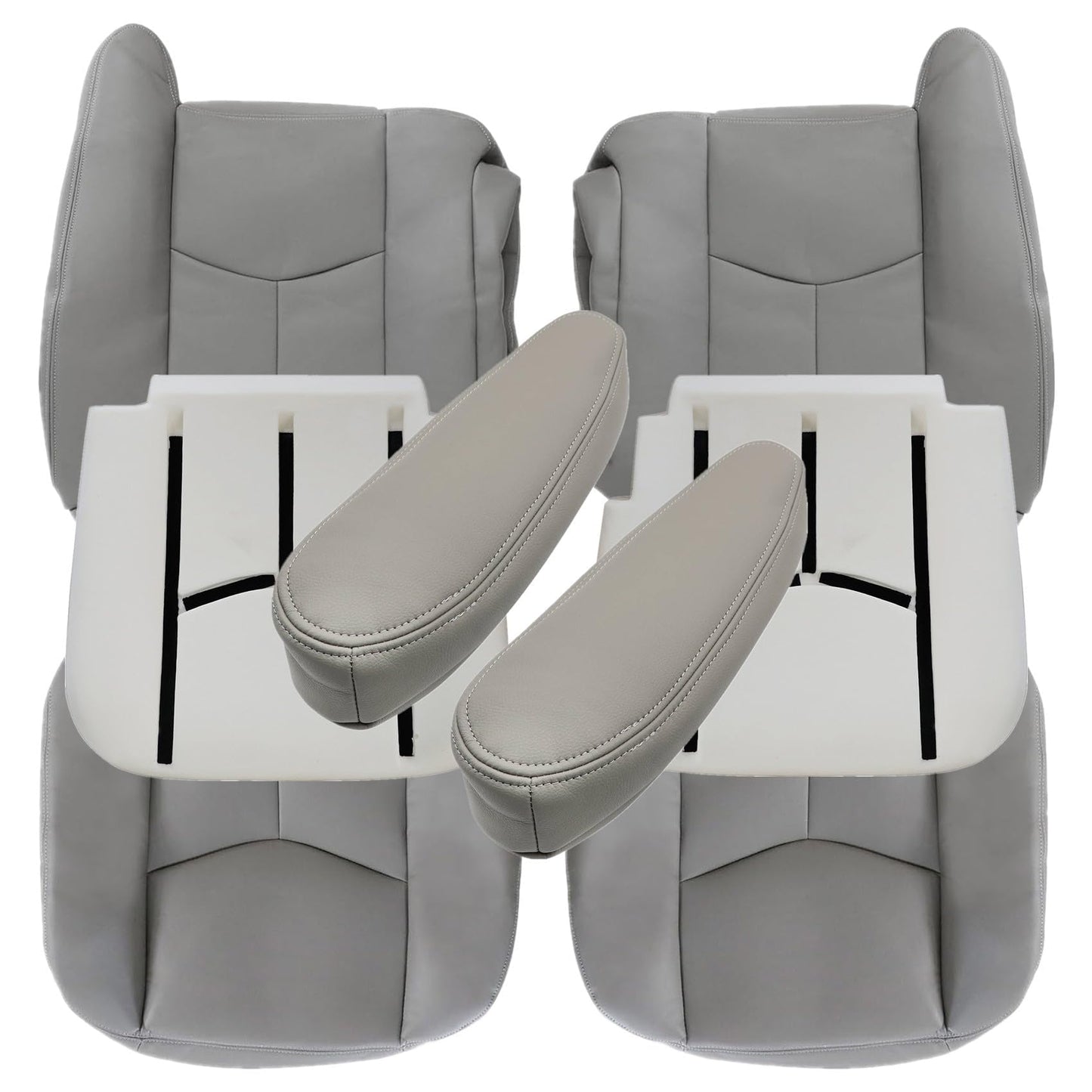 Priprilod # 922 Gray Leather Driver and Passenger Bottom and Top Lean Back and Armrests and Foam Cushion Fit for Chevy Silverado Tahoe Suburban Avalanche GMC Sierra Yukon XL 2003 2004 2005 2006