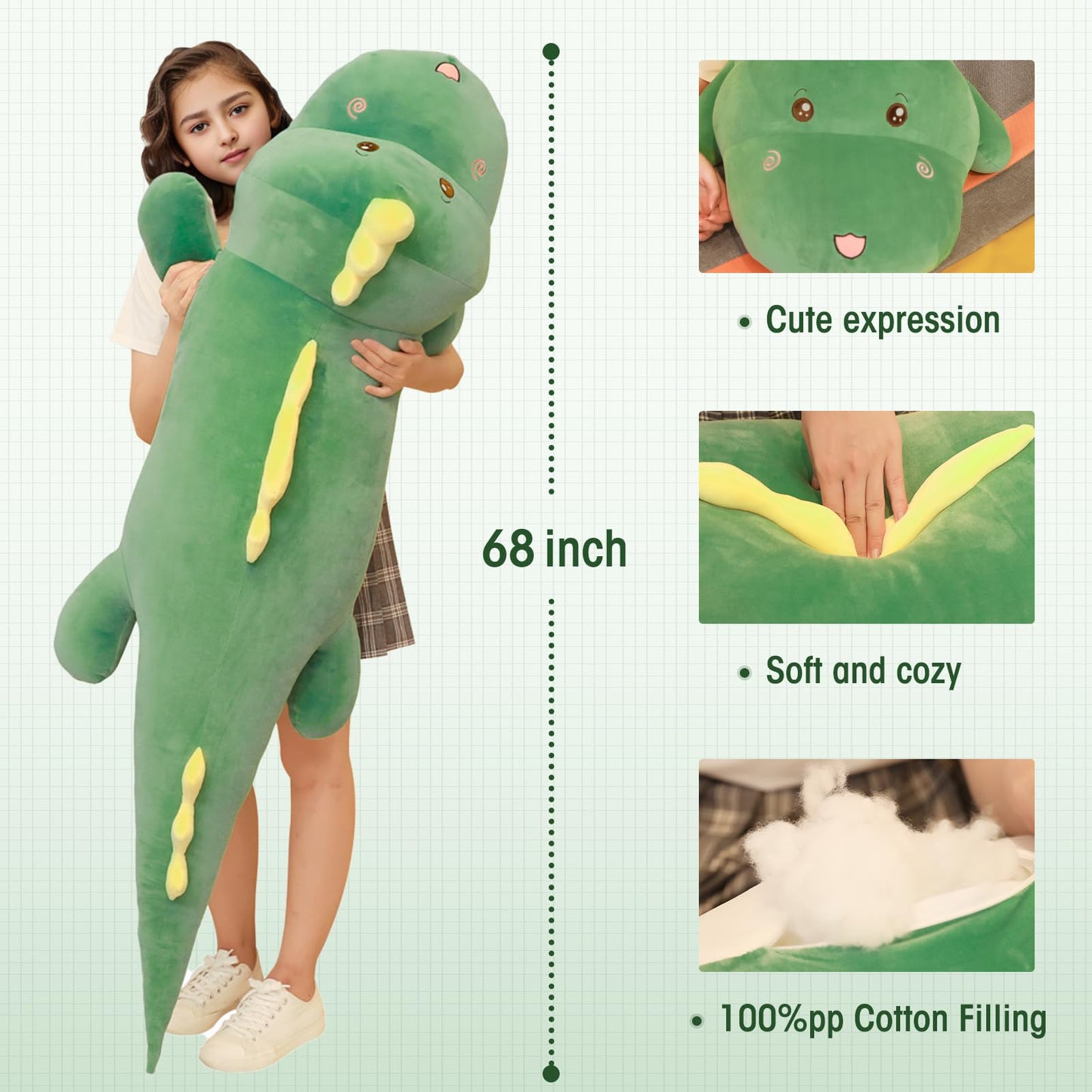 Tianmihou 68 Inch Jumbo Dinosaur Plush Toy Pillow, Giant Stuffed Animals, Big Large Dinosaur 5.6 Feet Plushie Huge Stuffed Toys Cute Cuddle Body Pillow, Gift for Kids, Boy, Birthday