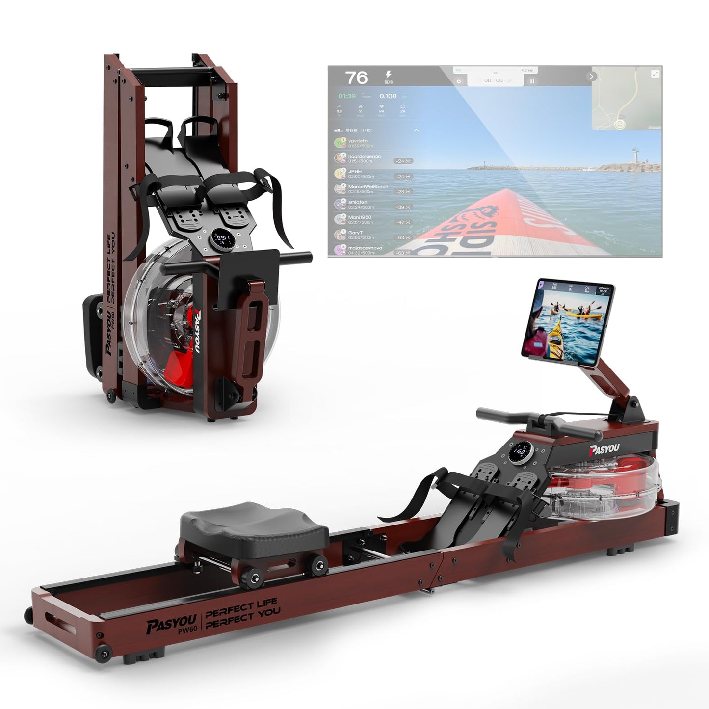 PASYOU Water Rowing Machines for Home Use Wood Rower Machine Foldable 350LB Weight Capacity, 6 Levels Adjustable Row Machines with Monitor & Tablet Holder & 14L Tank, Bluetooth with Kinomap APP PW60B