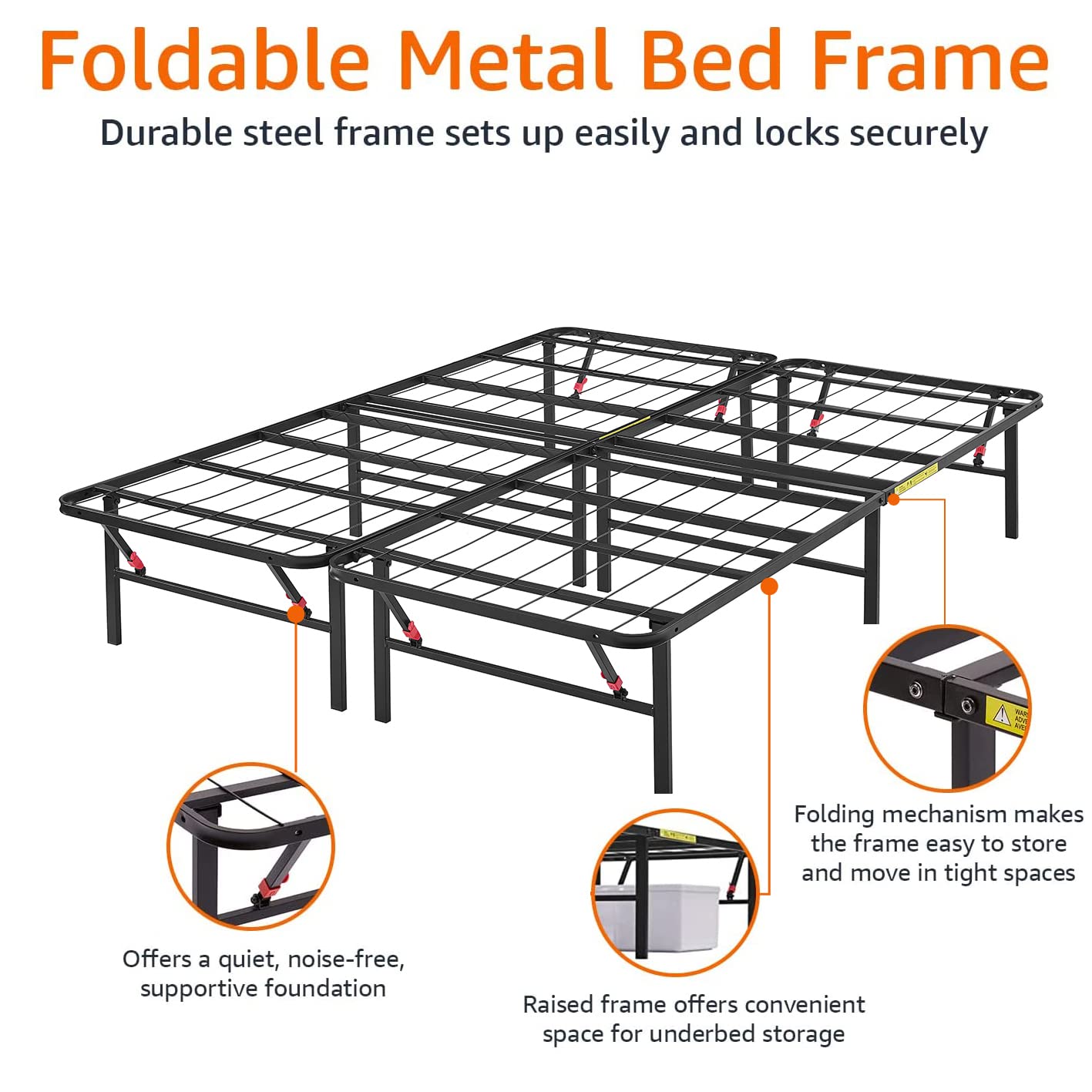 Amazon Basics Bed Frame with Storage, Foldable Metal Platform, Sturdy Steel, No Box Spring Needed, 14 inches High, Tool-Free Easy Assembly, Noise-Free, King Size, Black