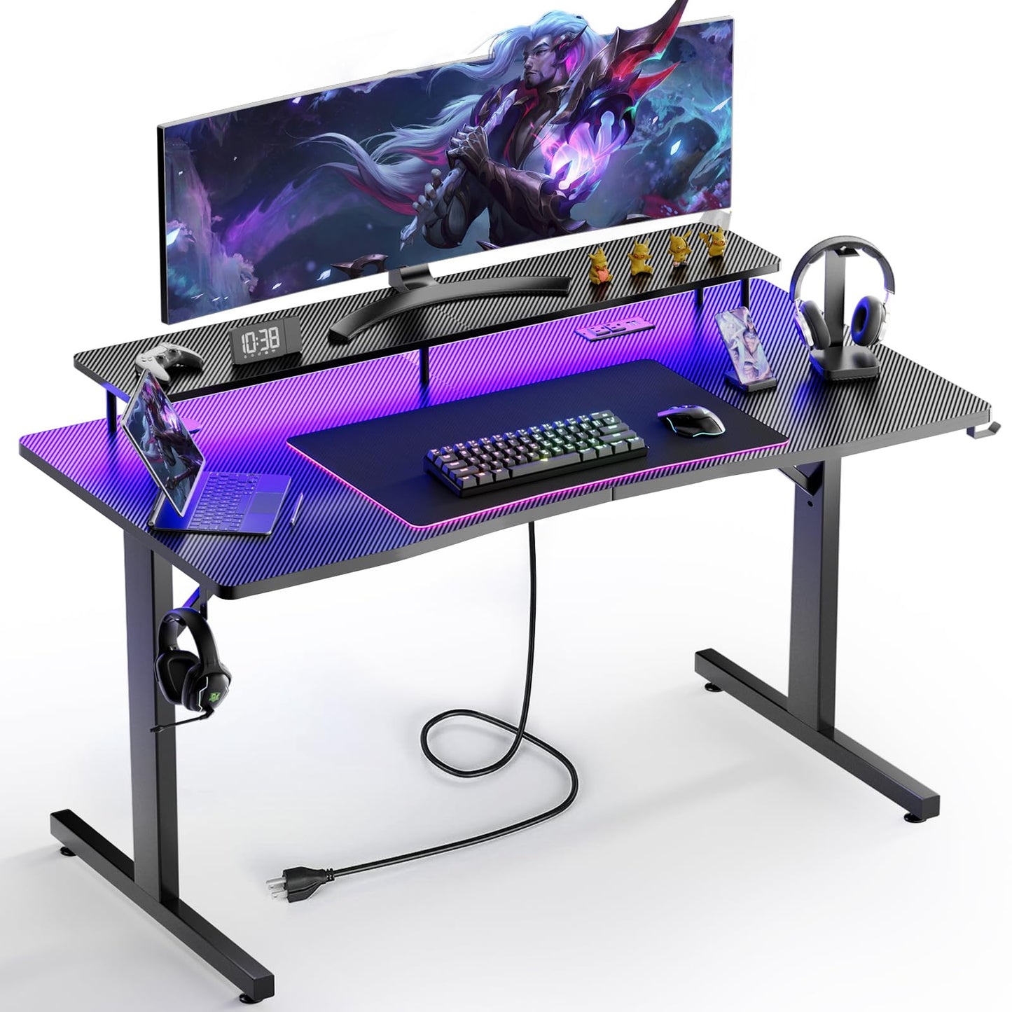 GTPLAYER 55 Inch Gaming Desk with LED Lights & Power Outlet, Computer Gamer Desk with Monitor Stand, Ergonomic Carbon Fiber Gaming Table Home Office Desk with Headphone Hook & Mouse Pad