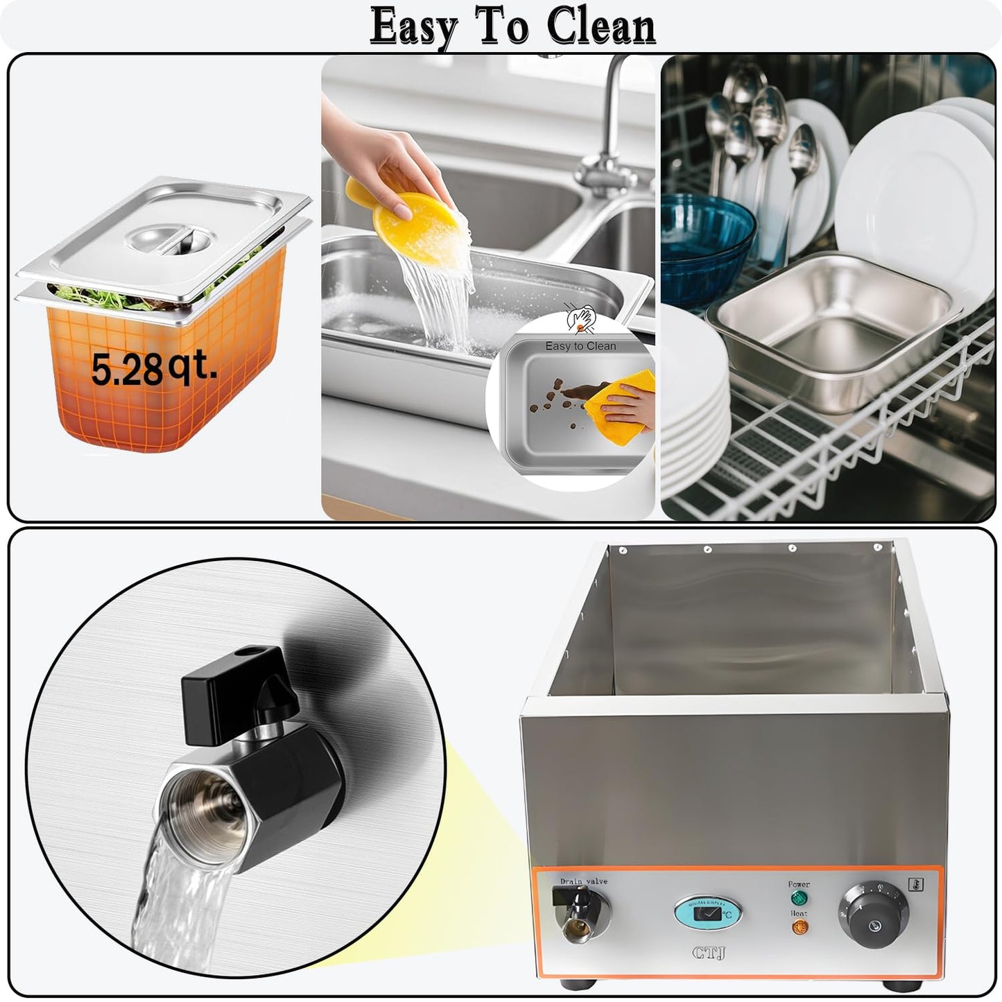 CTJ 3-Pan Commercial Food Warmer - 1500W Electric Steam Table Food Warmer 3x5.3 QT Stainless Steel Bain Marie, with Drain Faucet, Buffet Countertop for Home, Catering, Parties, Restaurants
