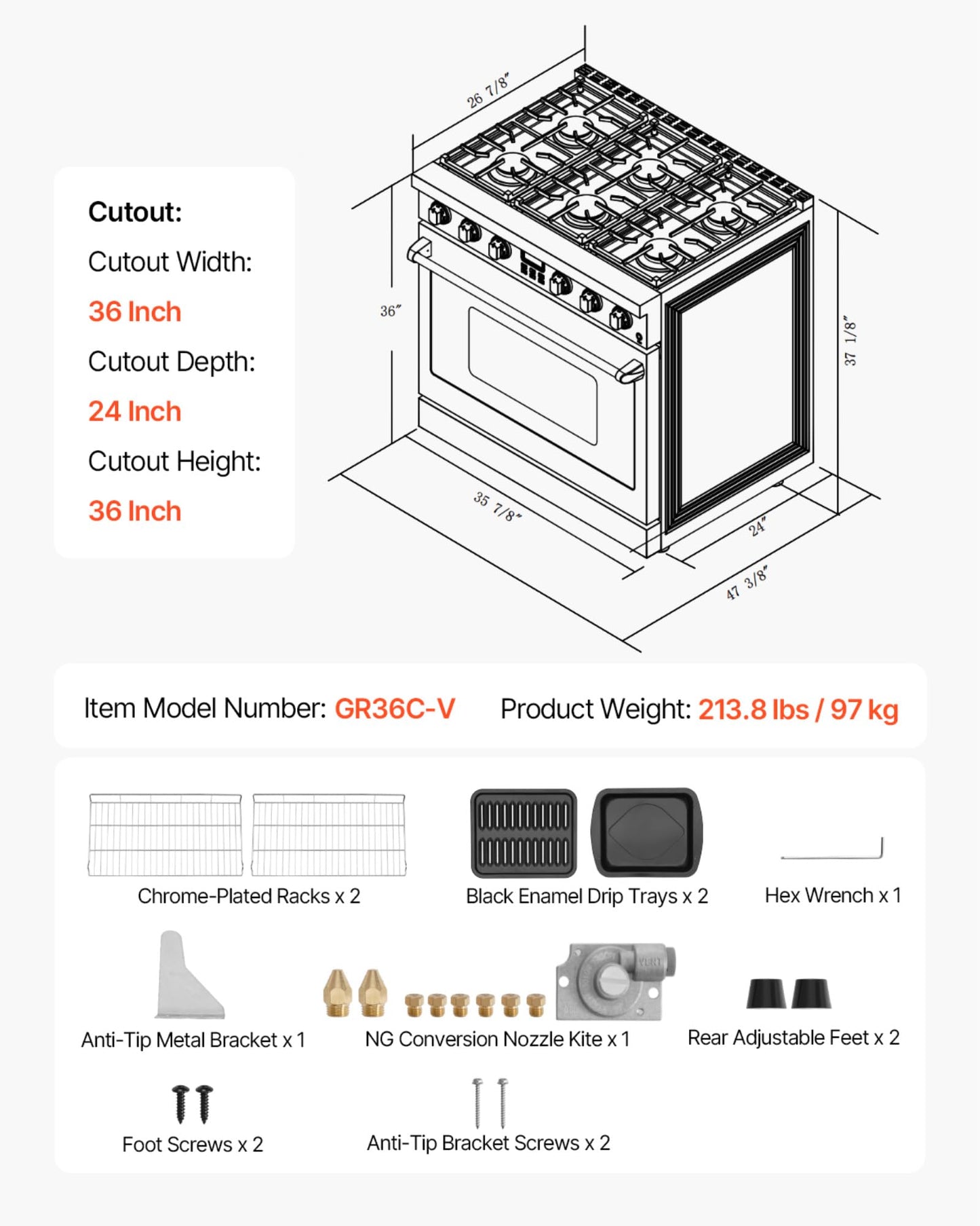 VEVOR Gas Range Oven, 36 Inches Width, Freestanding Stainless Steel Stove and Oven with 6 Sealed Cooktop Burners, Easy Reach Racks, Halogen Light, 6.0 Cu. Ft. Capacity, for Home Apartment Kitchen