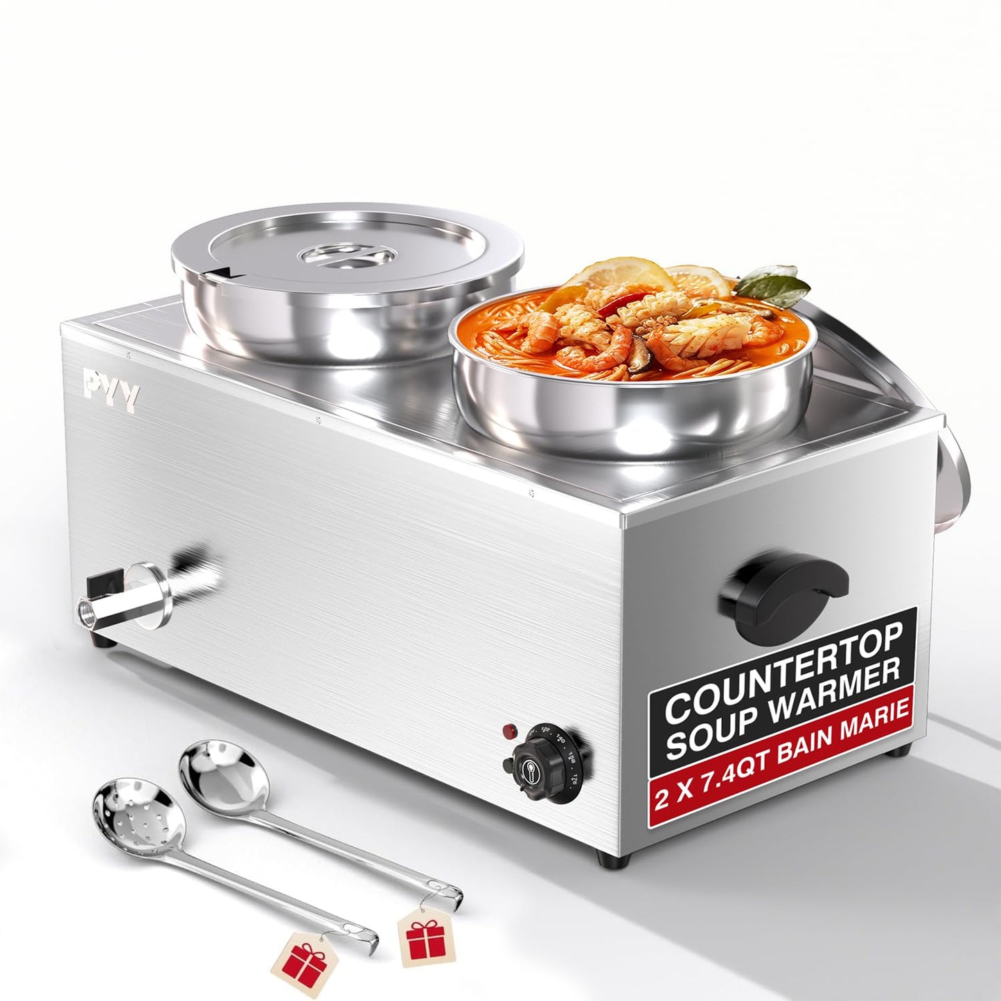 PYY Soup Warmer Commercial - Two 7.4QT Stainless Steel Bain Marie Round Pot 86~185°F Adjustable Temp, 1500W Electric Soup Warmer Countertop with Anti-Dry Burn and Reset Button for Restaurant, Buffet