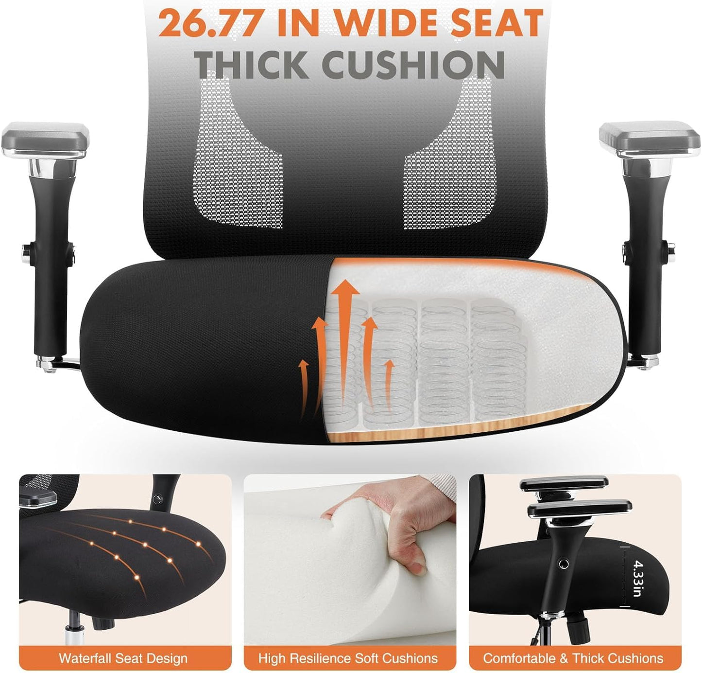 Sweetcrispy Big and Tall Office Desk Chair with Lumbar Support, 500lbs Heavy Duty Mesh Ergonomic Computer Chair with 4D Armrest and Wide Comfy Seat, Wheels for Adult, Black