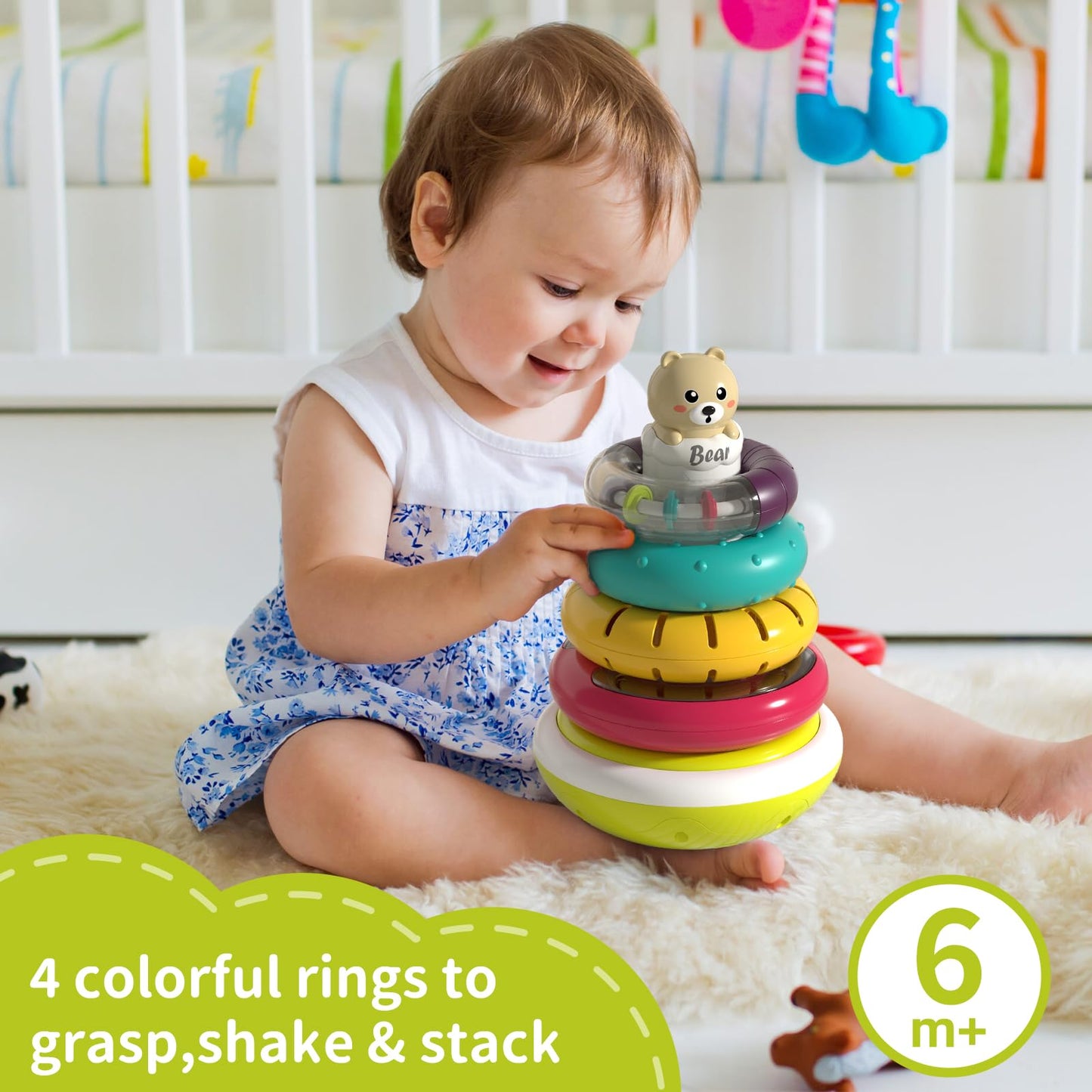 Baby Ring Stacker Toy with Lights, Musical Stacking Toys for Toddlers 1-3, Automatic Rotating Montessori Toys for Babies 6-12 Months, Early Learning Toy 1 Year Old Boy and Girl Gifts