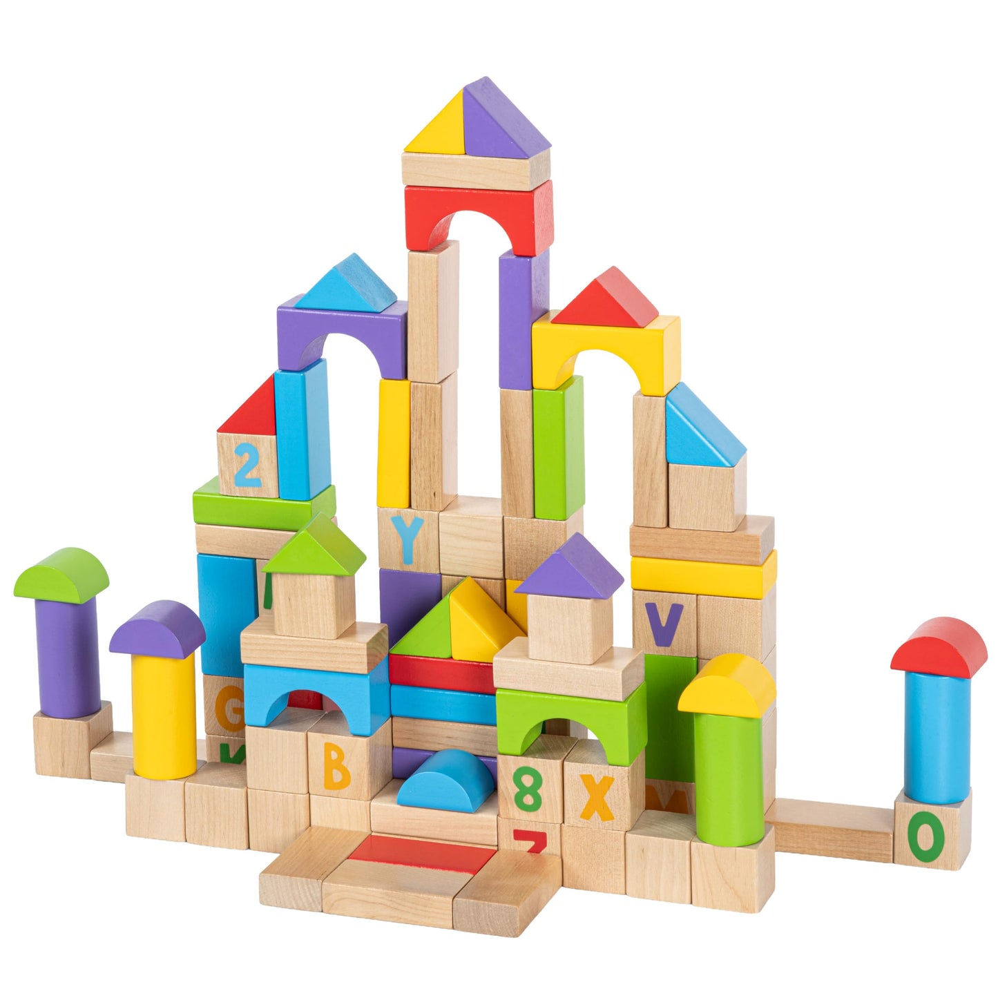MOMOARI Alphabet Number Wooden Building Blocks Set -100 Blocks in 5 Water Paint Colors and 7 Shapes. Preschool Montessori Kids Baby Toys. Stacking Learning Toys for Toddlers. Age 18 Months +