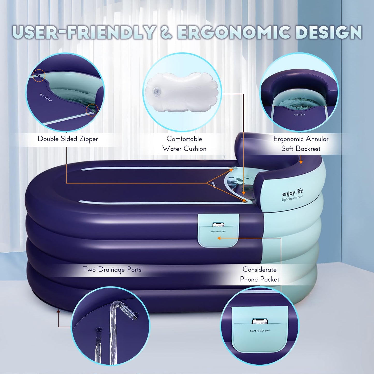 Hapyvergo Inflatable Bathtub Adult 63'' Portable Blow Up Bath Tubs with Cordless Air Pump, Ideal for Hot Ice Bath, Quick Drain Design with 9'10'' Long Hose, Phone Pocket, Water Cushion (Blue)
