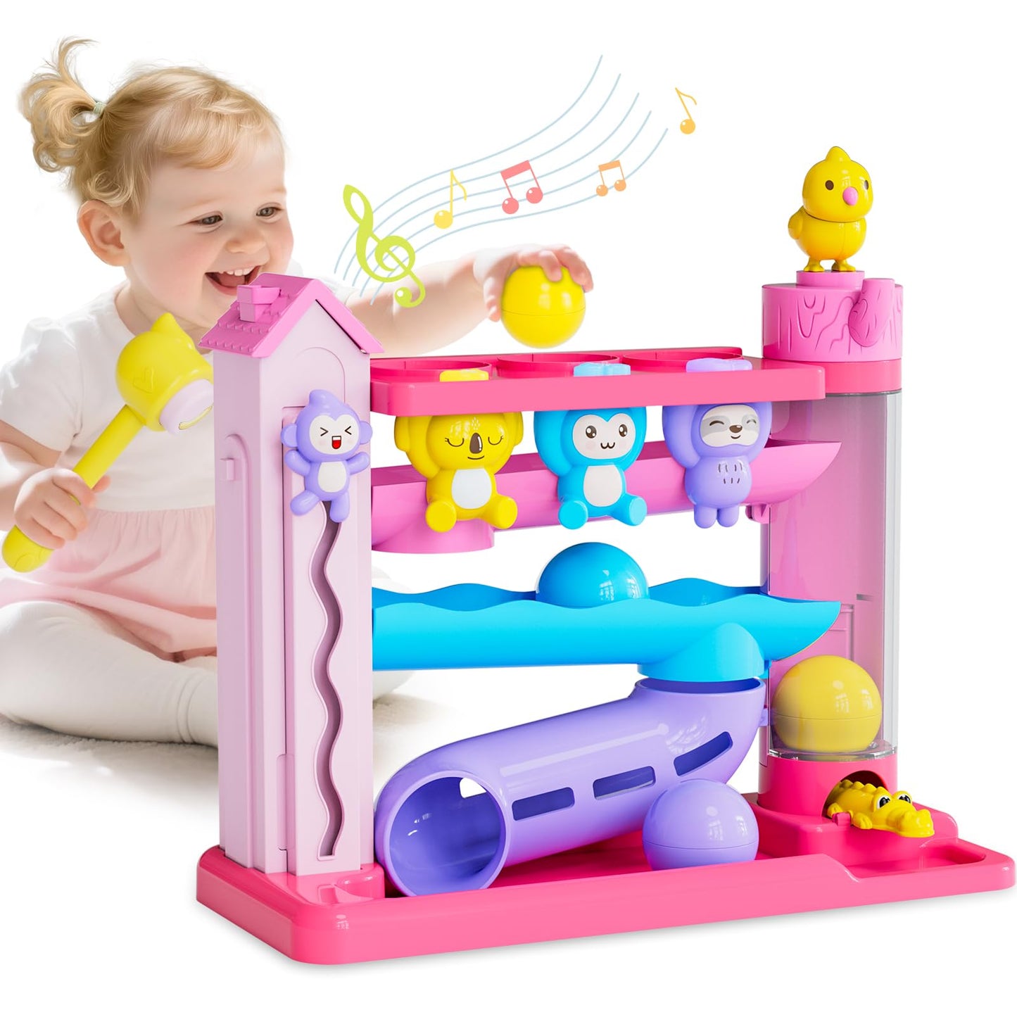 Toddler Musical Toys for 1+ Years Old Girls,Fine Motor Skills Developmental Baby Toy 12-18-24+ Months,Bilingual Toddler Learning Ball Drop Toy,Infant Birthday Gifts Toys for 1 2 Year Old Girl(Pink)