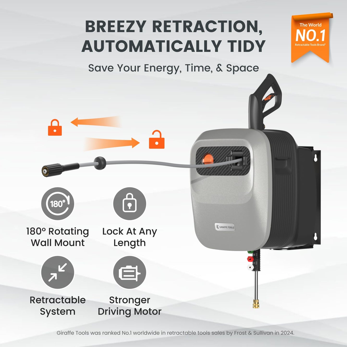 Giraffe Tools Grandfalls Retractable Pressure Washer G20, 2500 PSI 2.2 GPM, Wall Mounted with 65FT Hose Reel, 4 Nozzles for Floor/Cars/Fences/Patios, Light Silver Case with Grey Pressure Hoses