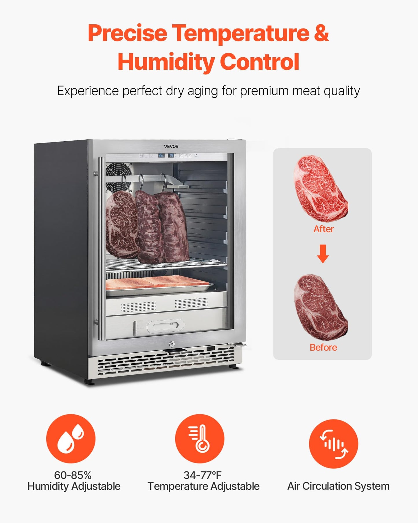 VEVOR 99 LBS Dry Aging Fridge for Steaks, Dry Ager Refrigerator for Meat with Precise Temperature & Humidity Control, Freestanding & Under Counter Beef Aging Machine, Himalayan Salt Not Included