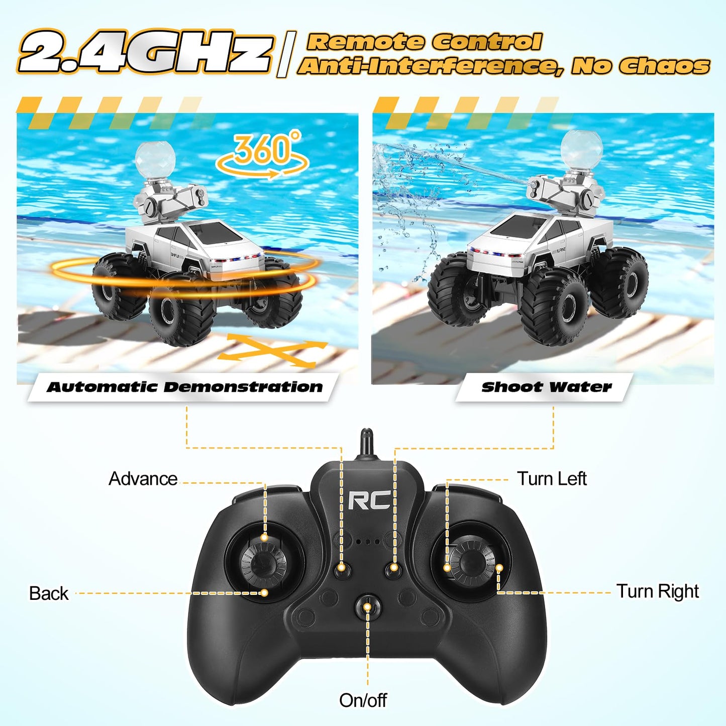 Fippy Amphibious Remote Control Car with Water Squirt, Waterproof Remote Control Truck, 1:16 RC Monster Truck, 4WD All-Terrain Off-Road Pickup RC Trucks Gift for Kids Boys