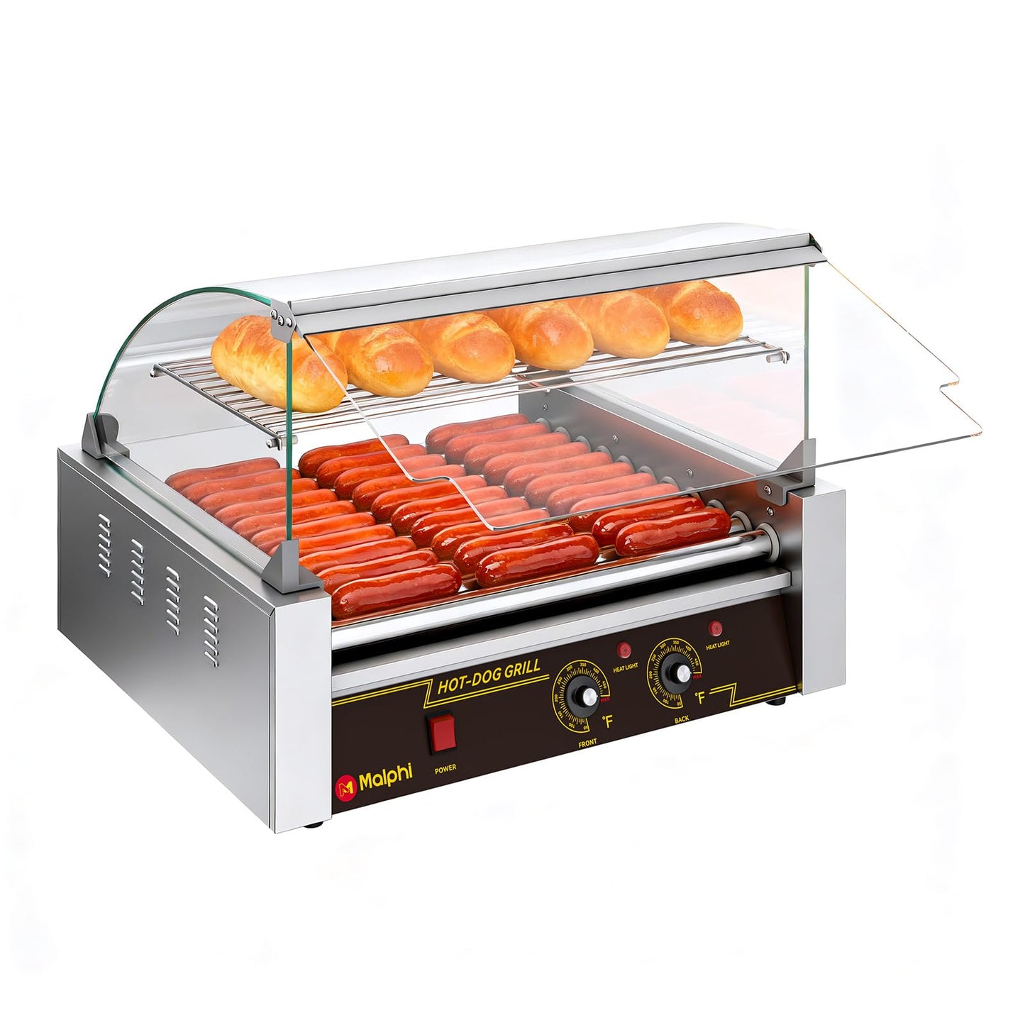 Malphi Hot Dog Roller Grill, 11 Roller with Dual Temperature Control, Stainless Steel Hot Dog Machine with Glass Cover & Bun Warmer, 1650W Commercial Hot Dog Cooker for 30 Hot Dogs.ETL Certified