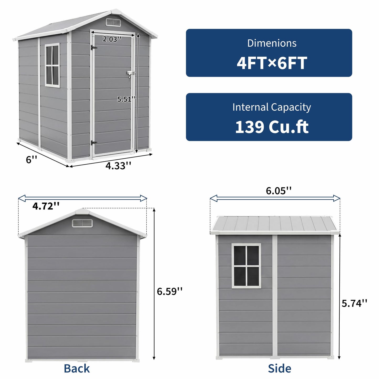 Plastic Outdoor Storage Shed with Floor & Window, 4x6 ft Resin Garden Shed for Patio, Lawn Mower, Bike & Tool, Waterproof Outdoor Storage with Lockable Door & 2 Vents & Sloped Roof for Backyard