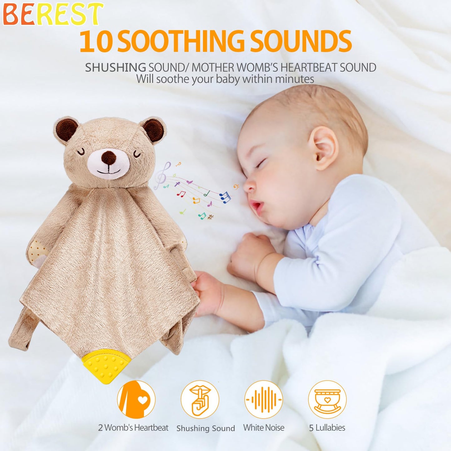 BEREST Rechargeable Baby Cry Sensor Sleep Soother Heartbeat Bear Lovey Blanket Comforter Toy, Help Newborns Go to Sleep Faster & Stay Asleep Longer, Great Nursery Decor Infants Shower Gifts