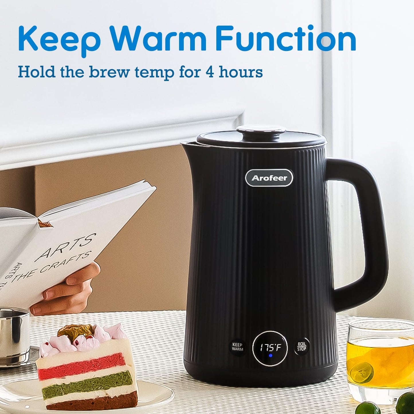 Arofeer® 1.7L(57oz) Large Electric Kettle Temperature Control, 7+Cups Electric Tea Kettle for Coffee&Tea, 2 quarts Big Hot Water Kettle Electric with,1200W,Keep Warm-Black