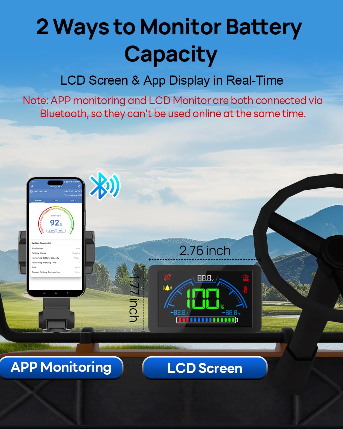 DC HOUSE 48V 100Ah Lithium Golf Cart Battery w/Switch, Lifepo4 Battery with 48V 18A Lithium Batteries Charger, Smart 200A BMS, LCD Monitor & Mobile APP, Peak Current 700A (ABS Case)