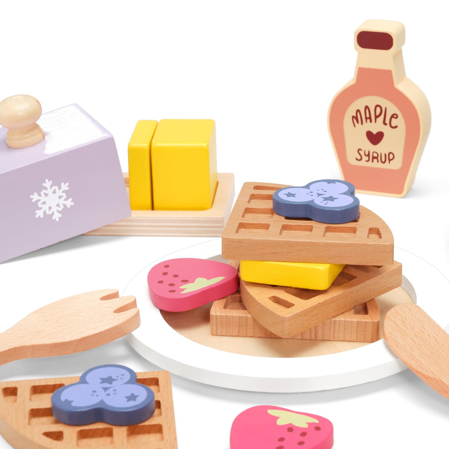 PairPear Wooden Waffle Maker Toy Food Playset, Kids Pretend Play Food Kitchen Accessories, Wooden Cooking Toy Baking Playset, Toddler Play Breakfast Brunch Tea Sets Cutting Food Gift for Girls Boys 3+