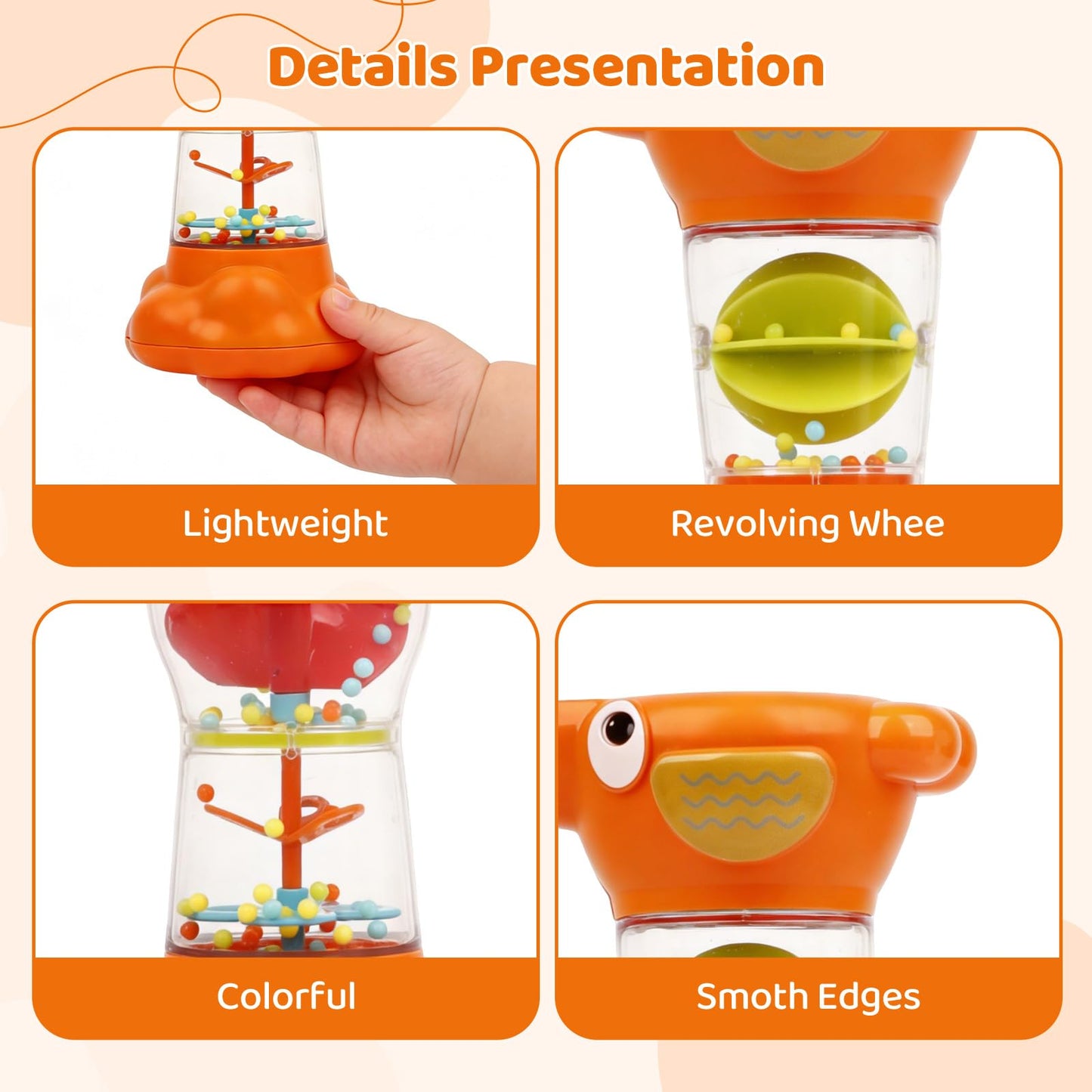 Montessori Baby Toys for 6-12 Months 1 Year Old,Rain Stick Baby Rattle Shaker Infant Sound Toy 9.8” Rainmaker Musical Sensory Tummy Time Toys for 6 7 8 9 10 Months Newborn Toddlers Gifts-Orange