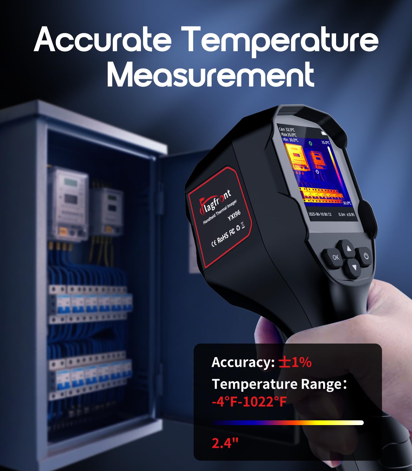 Flagfront Thermal Camera, 240 x 240 TISR Resolution, -4°F to 1022°F Temp Range, 25Hz Infrared Camera with Temperature Alarm, 50°FOV Handheld Thermal Imaging Camera