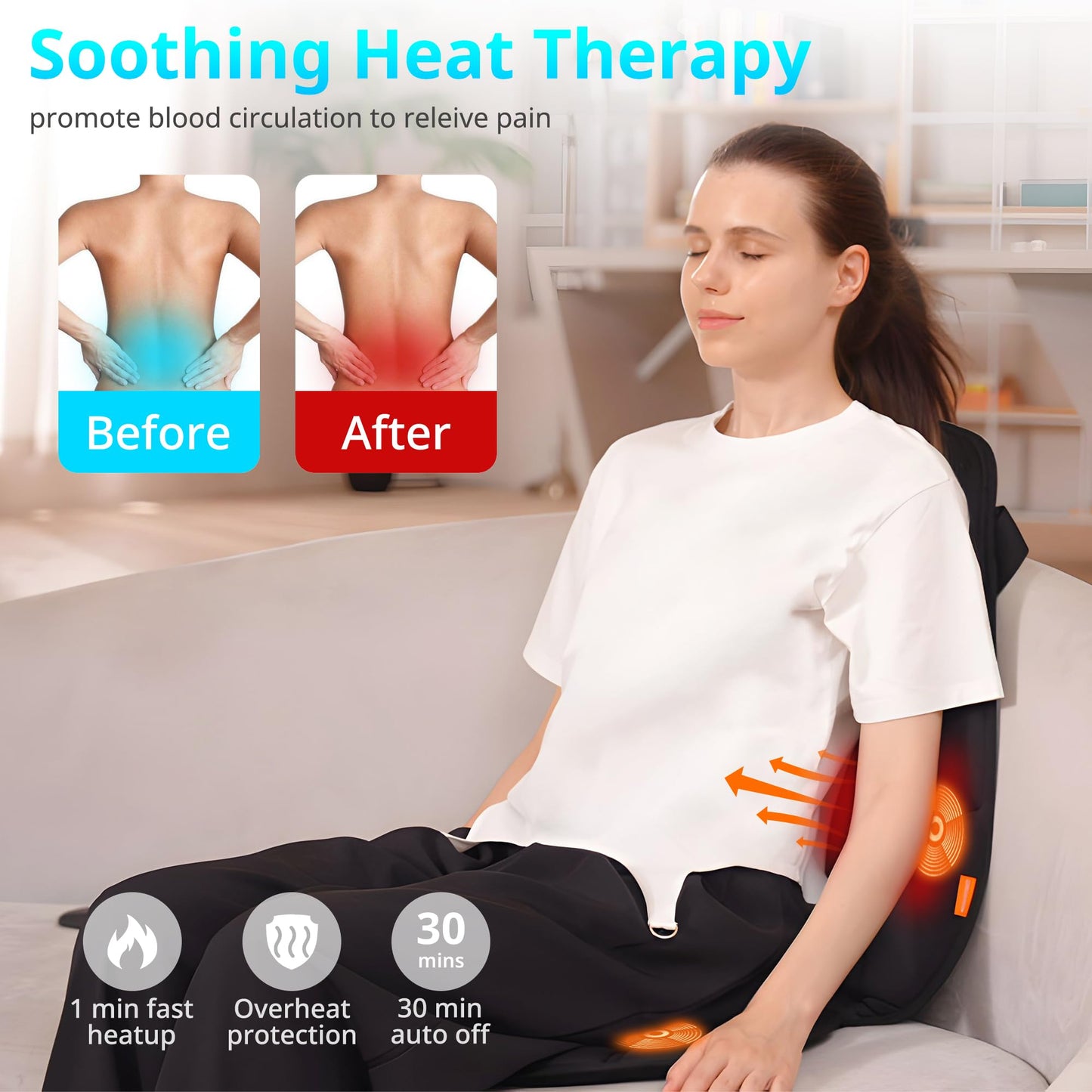 CARSHION Massage Seat Cushion with Heat,Back Massager for Chair Back Massager Heated Seat Cover Massage Chair Pad for Pain Relief Home Office Use