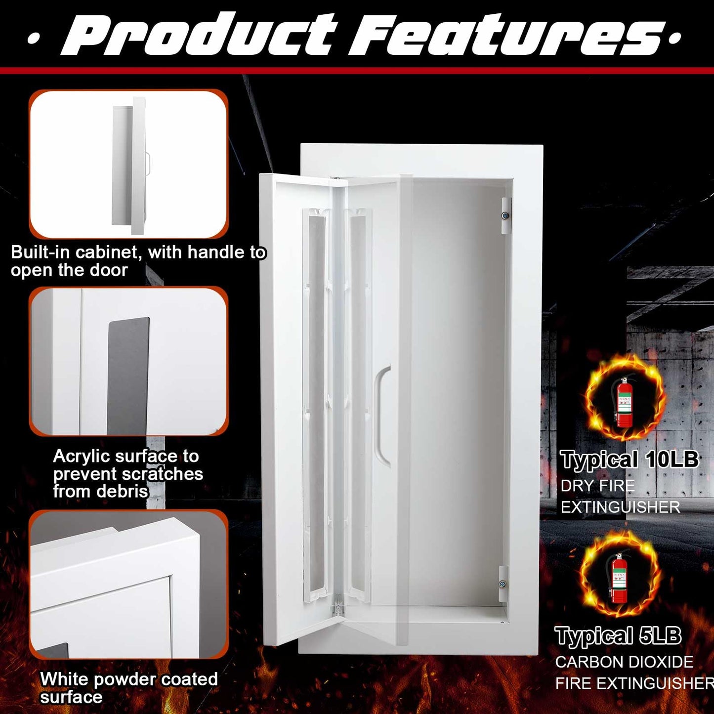Zonon 1 Pcs Semi Recessed Fire Extinguisher Cabinet Industrial Architectural Wall Cabinet, Door with Handle Version for 10 Pound Dry Chemical Fire Extinguisher White