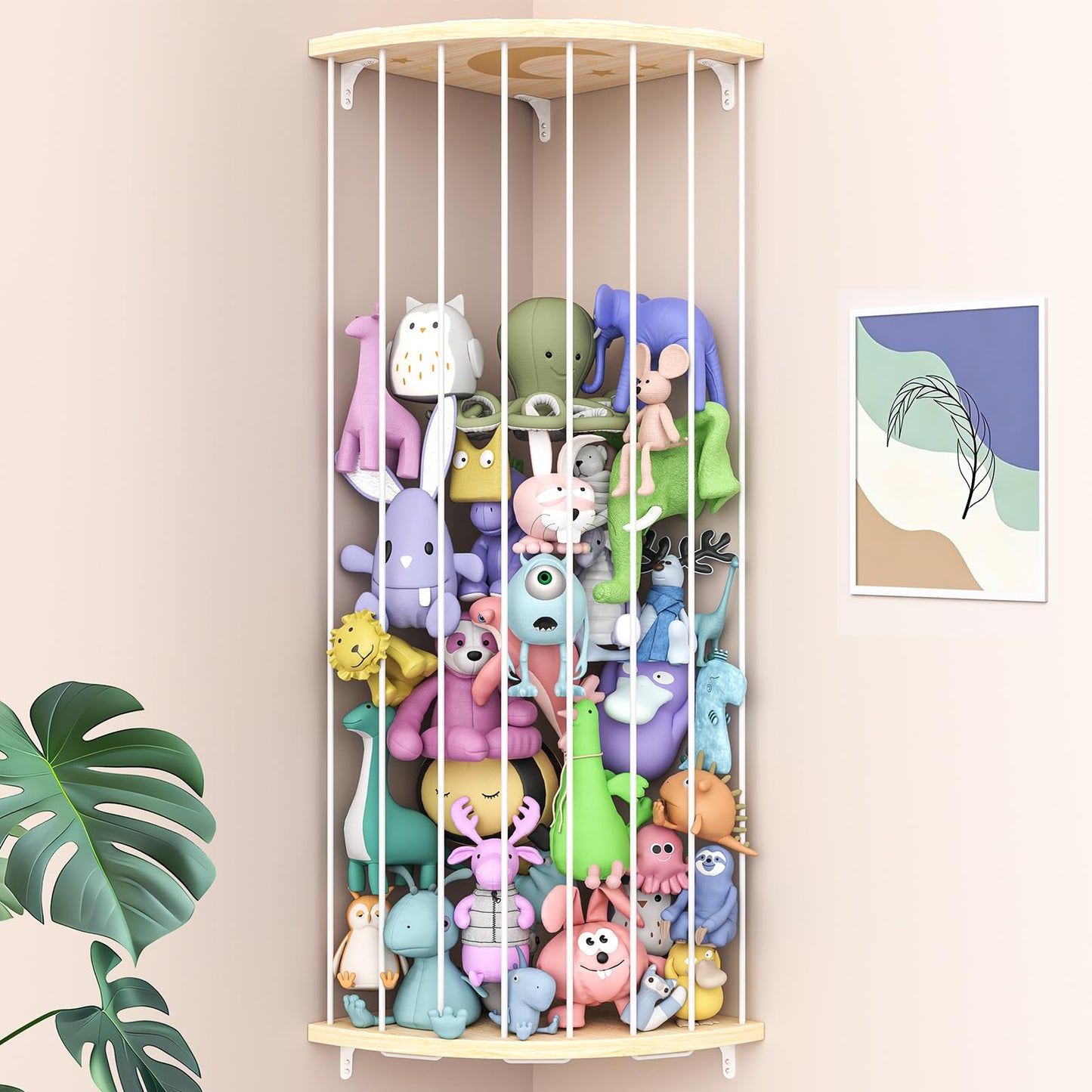 Zayysoha Corner Stuffed Animal Storage Zoo, Large Adjustable Solid Wood Plush Toy Organizer, Hanging Stuffie Holder Shelf & Cage with Engraved Dinosaur Star Moon for Kids Nursery Playroom