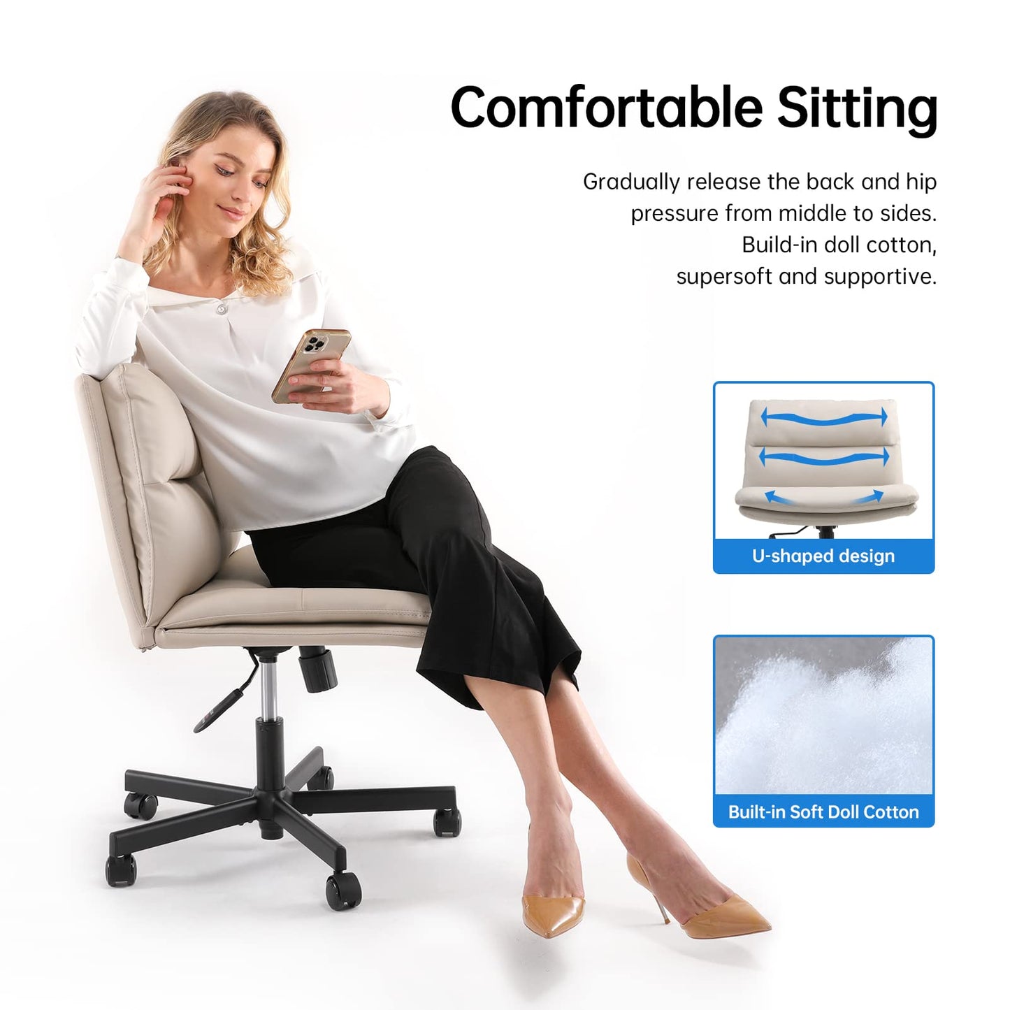 EMIAH Criss Cross Chair with Wheels Home Office Desk Chairs PU-Padded Vanity Chair Mid-Back Ergonomic Computer Chair Comfortable Adjustable Swivel Desk Chair Comfy