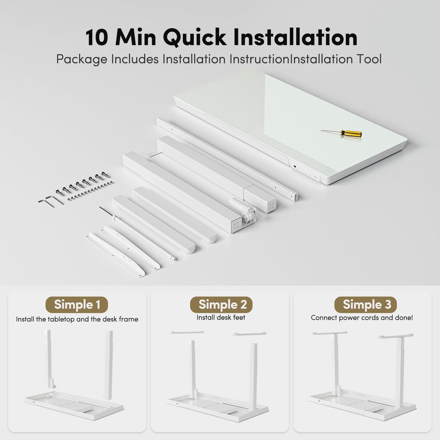 BANTI Electric Standing Desk with Drawers, 55 inch Whole-Piece Glass Desktop, Height Adjustable Stand up Sit Stand Home Office Ergonomic Workstation, White Tabletop