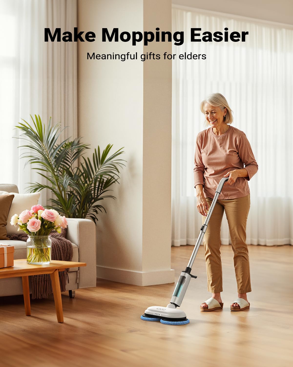 iDOO Electric Cordless Spin Dust Mop, Electric Mops for Floor Hardwood Tile Cleaning with Sprayer & LED Headlight, Rechargeable Dual-Motor, Quiet Self Propelled, Water Tank 4 Replaceable Heads, White