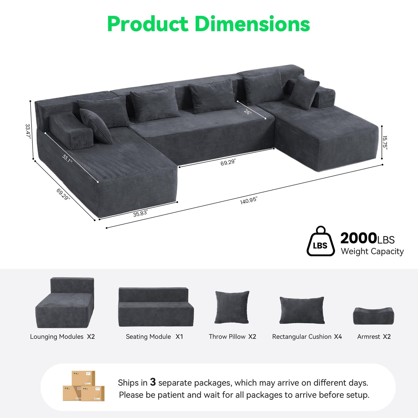 MONVANE 141'' Modular Sectional Sofa, PRO Version U-Shape Boneless Couch, Oversized Deep Seating Cloud Couch, No Assembly, High-Resilience Foam, Soft Corduroy Fabric, for Living Room Apartments Grey