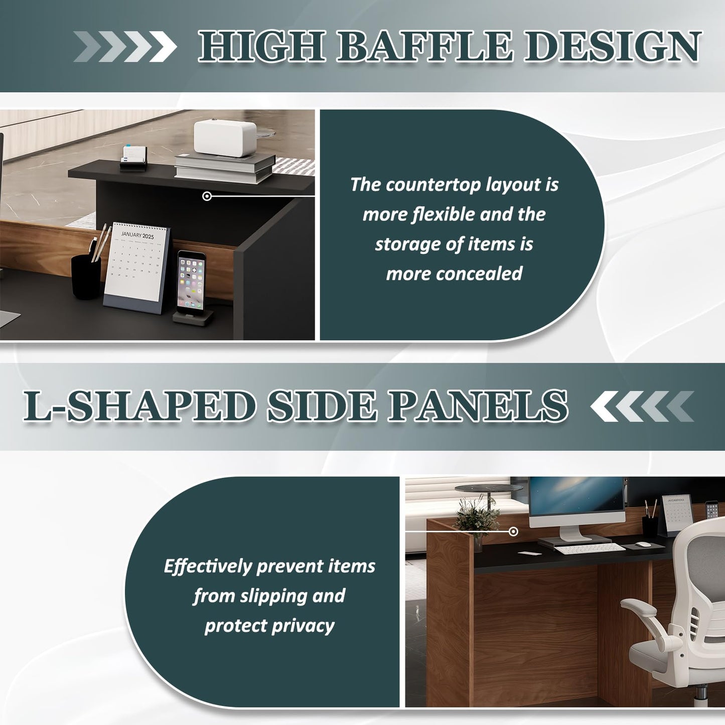 YTElantivo 63″ L-Shaped Reception Desk with Counter – Modern Office Front Desk for Salon, Clinic & Retail, Spacious Workstation, Easy Assembly, Black-Brown Receptionist Desk