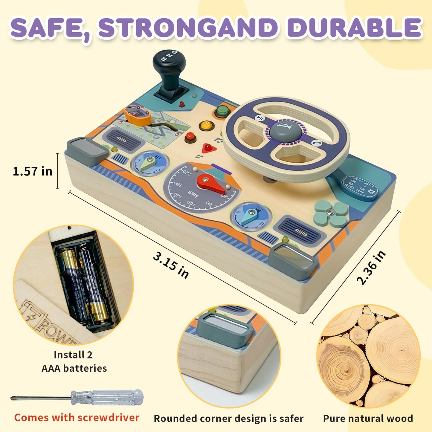 ZJEFUNS Montessori Toddler Toys Busy Board with Led Light Interactive Wooden Dashboard Steering Wheel for 1 2 3 4 Year Old Sensory Toys Toddler Activities for Boys Girls Gift