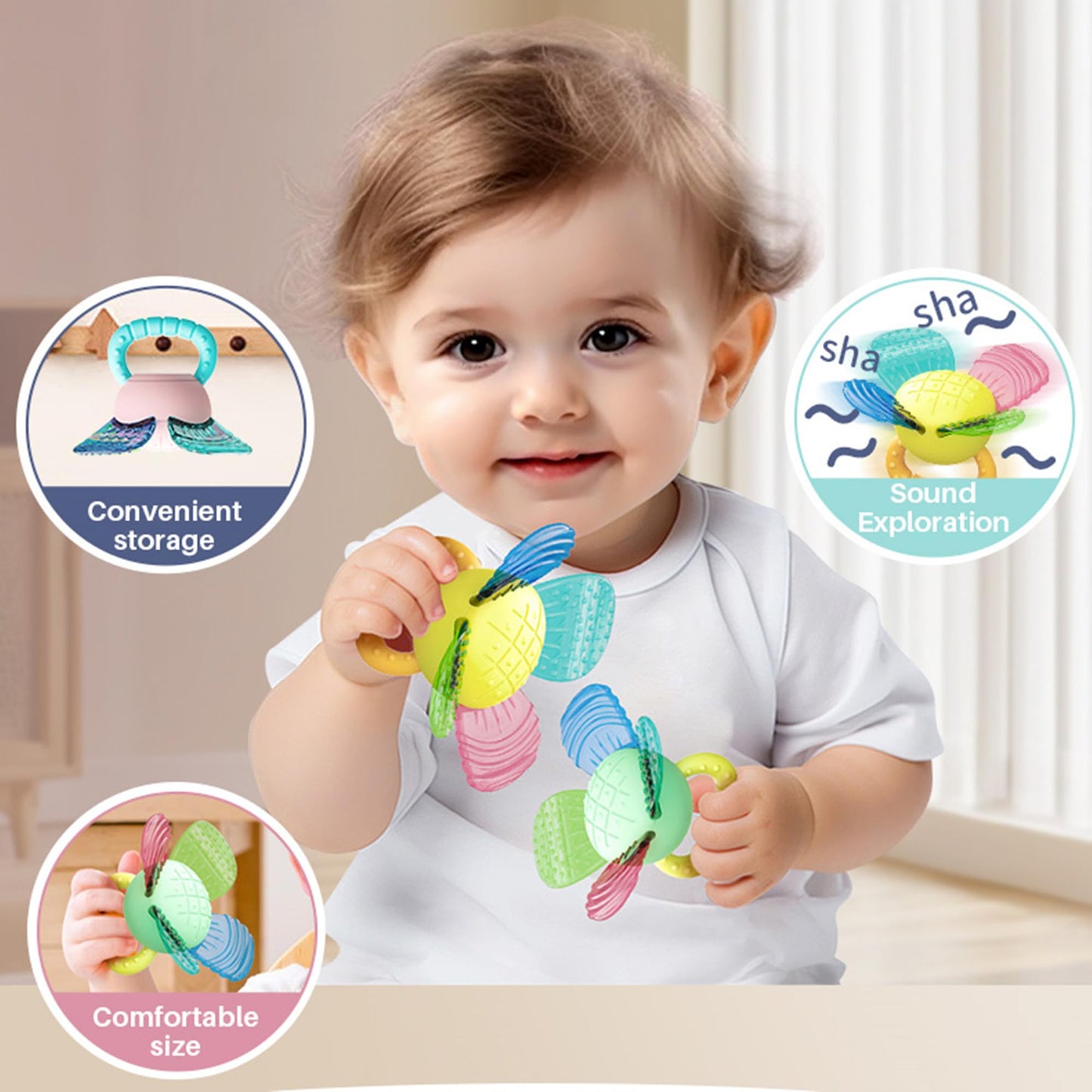 HAOHAOSHUA Infant Rattle and Teether Toy Set, 8PCS Baby Rattles Toys with Crinkle Sound,Teething Ring,Squeeze Toy for 3+ Months,Colorful Animal Design (Lion, Crab, Frog, Bird) for Sensory Development