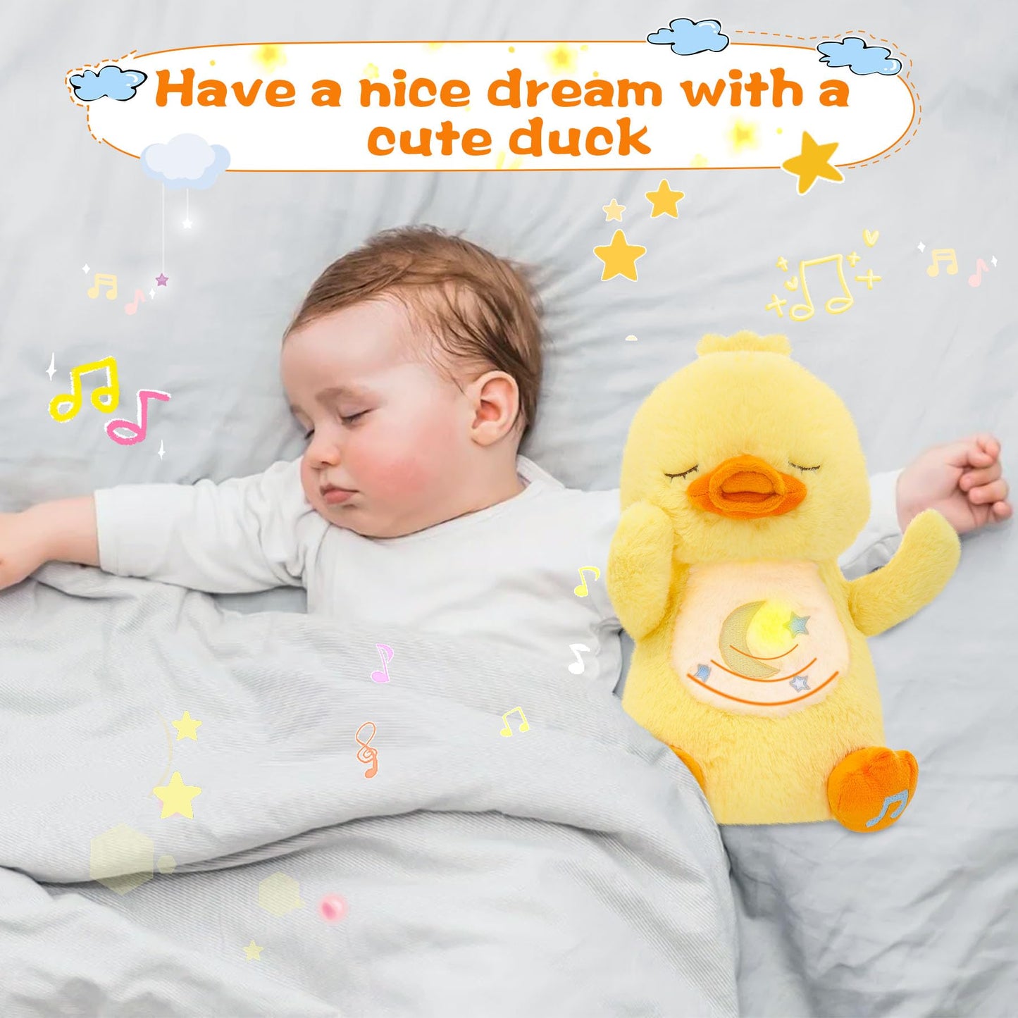 MIAODAM Soothing Cuddle Plush Toy, Breathing Stuffed Animal Duck Plush with Realistic Breathing Action and Relaxing Music, for Babies and Toddlers, Hugging Plush for Emotional Comfort